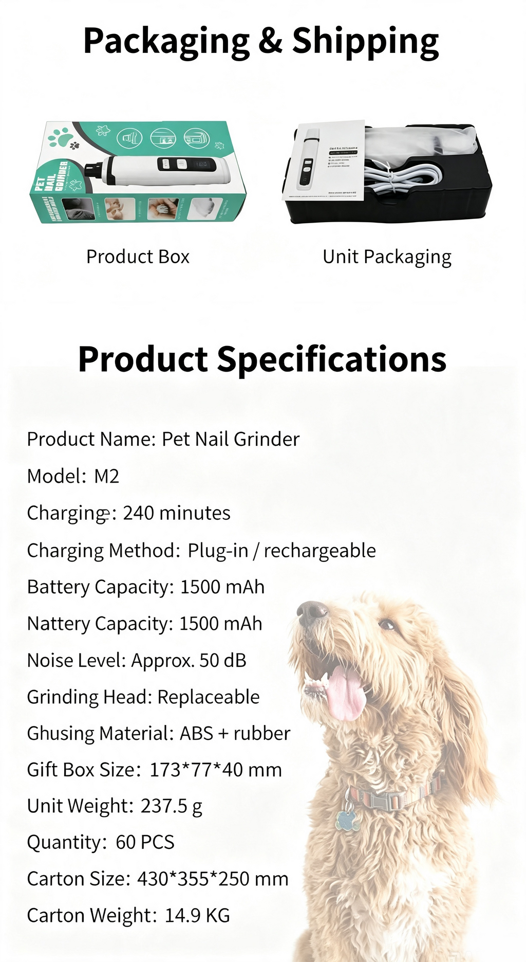 Rechargeable Electric Pet Nail Grinder, Low‑Vibration Quiet Nail Trimmer with Dual LED Lights, 2‑Speed for Dogs & Cats, Comes with 2 Extra Grinding Heads