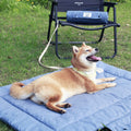 Denim blue foldable dog travel mat with carry handle