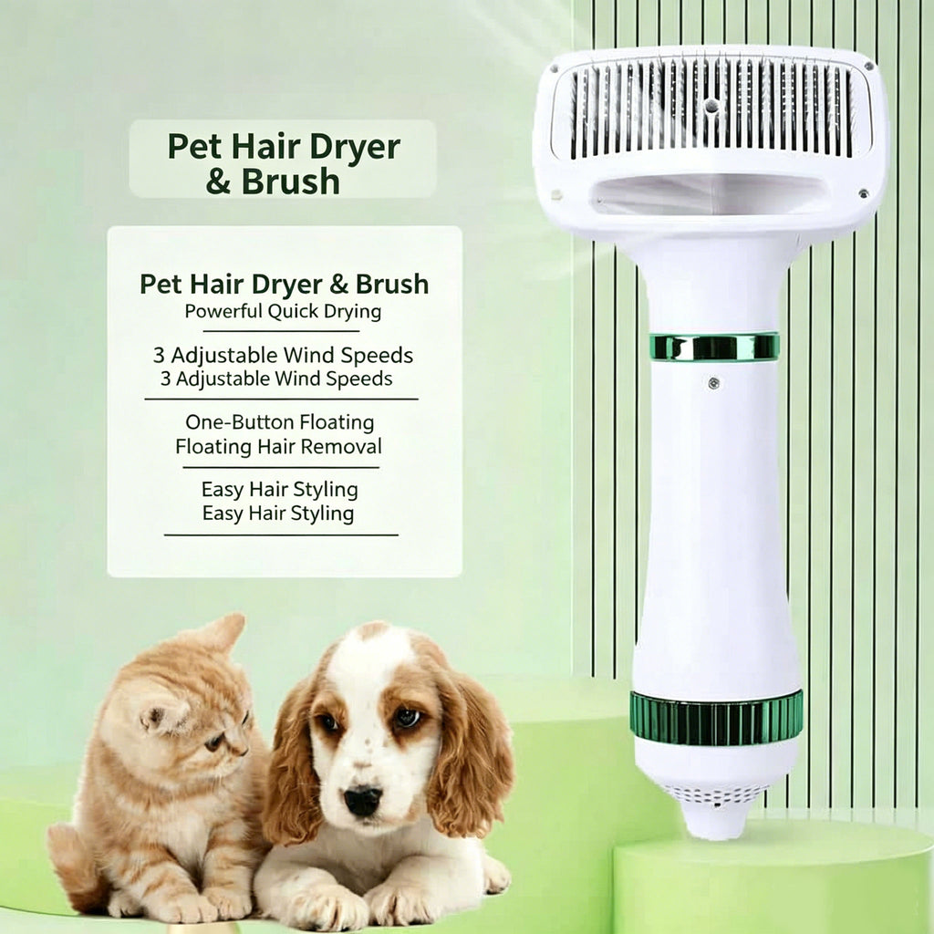 2‑in‑1 Pet Hair Dryer Brush, 300W Low‑Noise Hot Air Grooming Comb, 3 Speed Adjustable, Detangling & Drying Brush for Dogs & Cats, 110‑230V Multi‑Plug