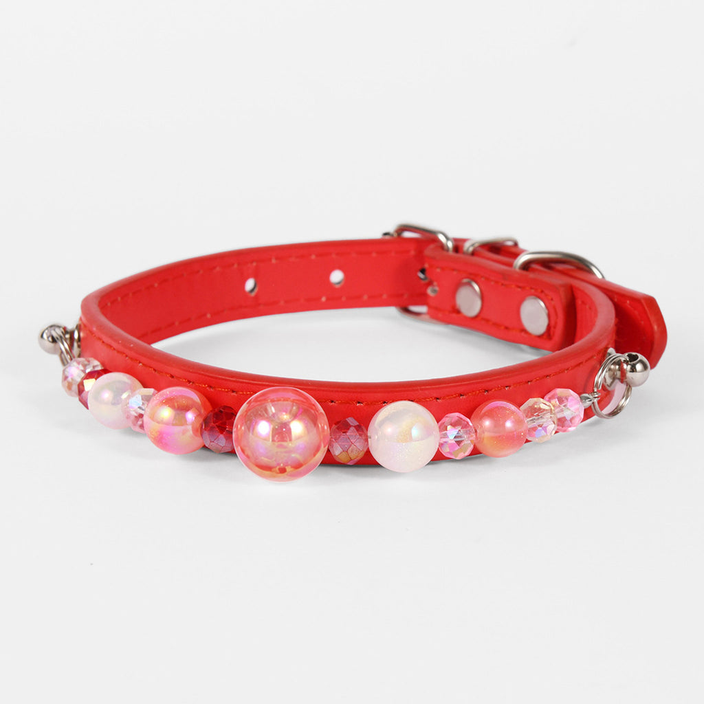 Stylish Pearl‑Decor Microfiber PU Leather Pet Collar, Adjustable Comfort Collar for Small Medium Large Dogs & Cats