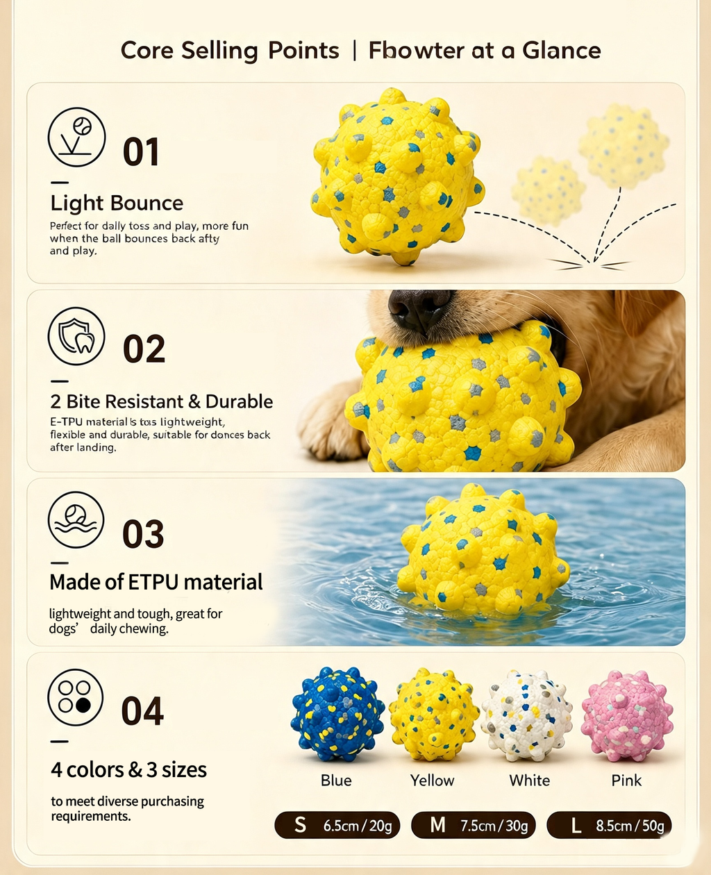 ETPU Popcorn Spiky Dog Chew Ball, Floating Teeth‑Cleaning Toy for All Breeds