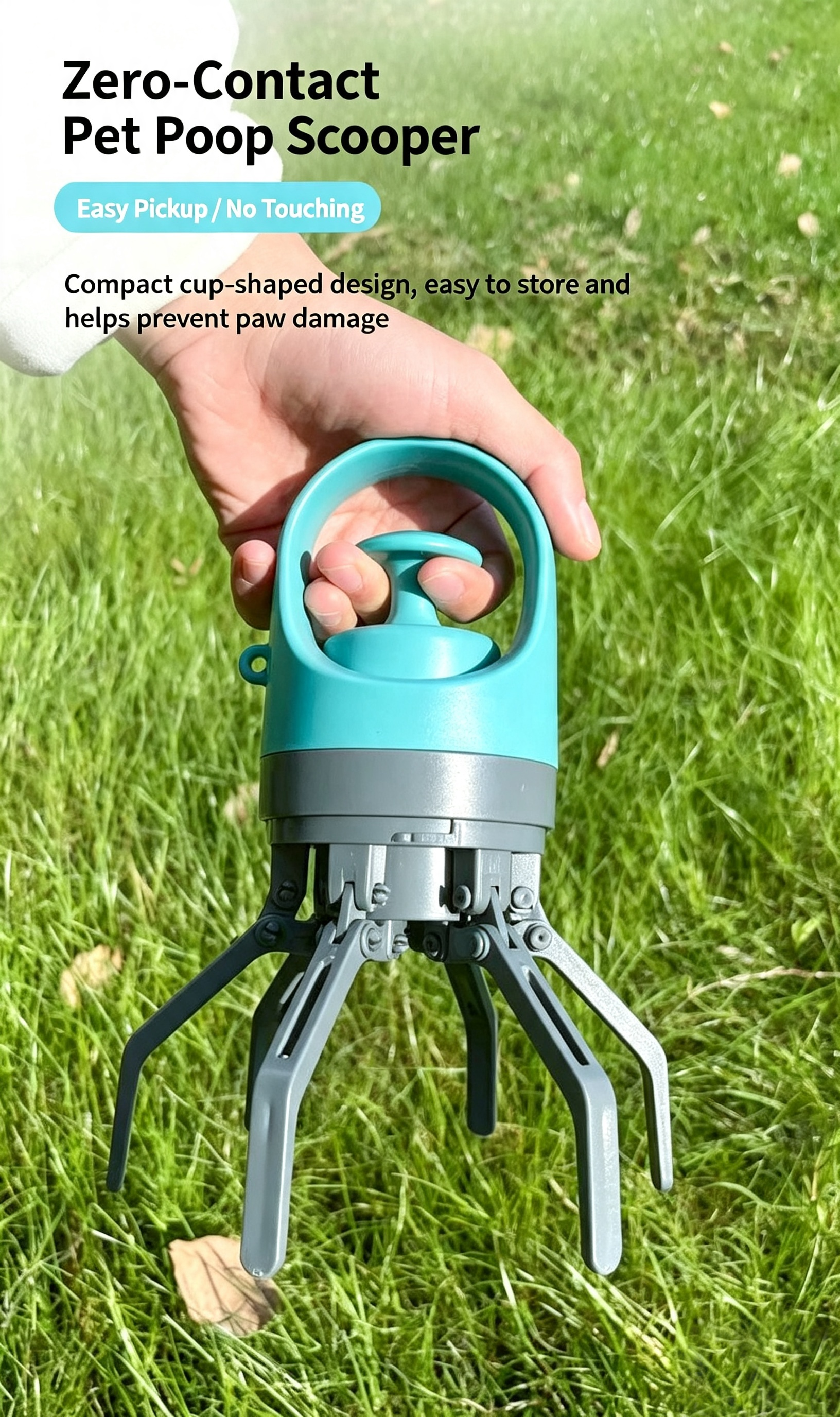 Foldable 6-Claw Pet Pooper Scooper, Cup-Shape Portable Waste Grabber with Built-in Waste Bag Dispenser, Zero-Contact Dog & Cat Poop Picker for Outdoor Walking