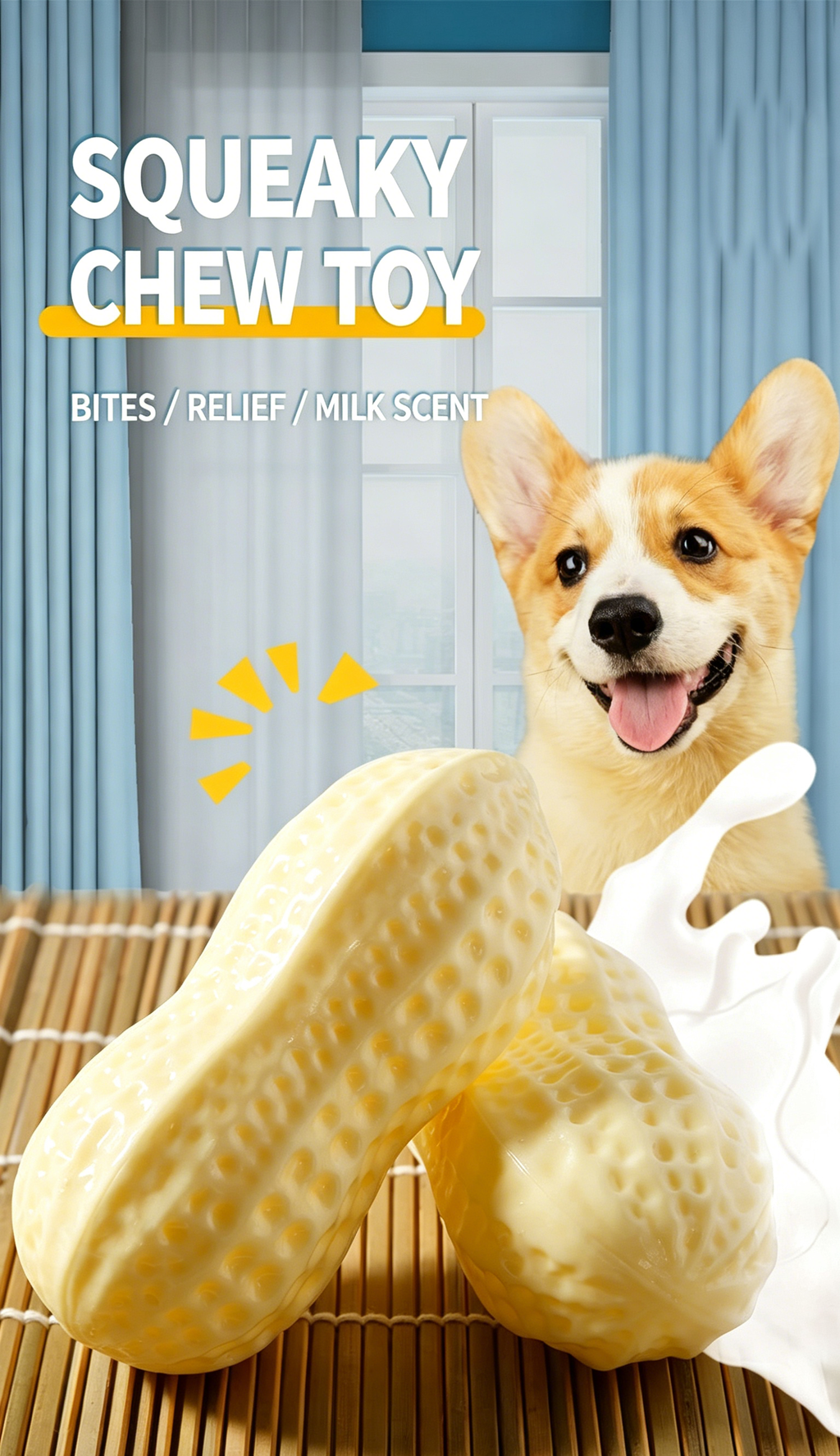 Squeaky Peanut Dog Chew Toy, Non‑Toxic Food‑Safe TPR Milk‑Scented Teething Toy, Interactive Dental Care Toy for Puppy Small Medium Large Dogs