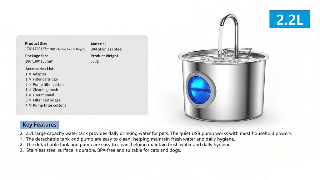 2L Pet Water Fountain, 304 Stainless Steel Automatic Water Dispenser for Cats & Dogs, Quiet Circulating Water Fountain with Bonus Filter Replacements 