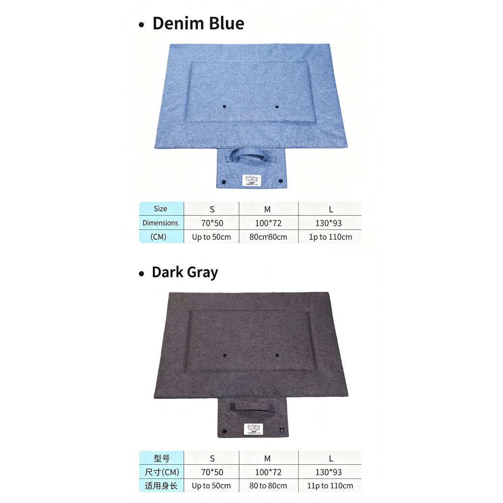 Portable Foldable Outdoor Pet Travel Mat, Reversible Scratch & Wear‑Resistant Water‑Repellent Sleeping Pad for Dogs & Cats, With Carry Handle, Denim Blue & Dark Grey, S/M/L Sizes