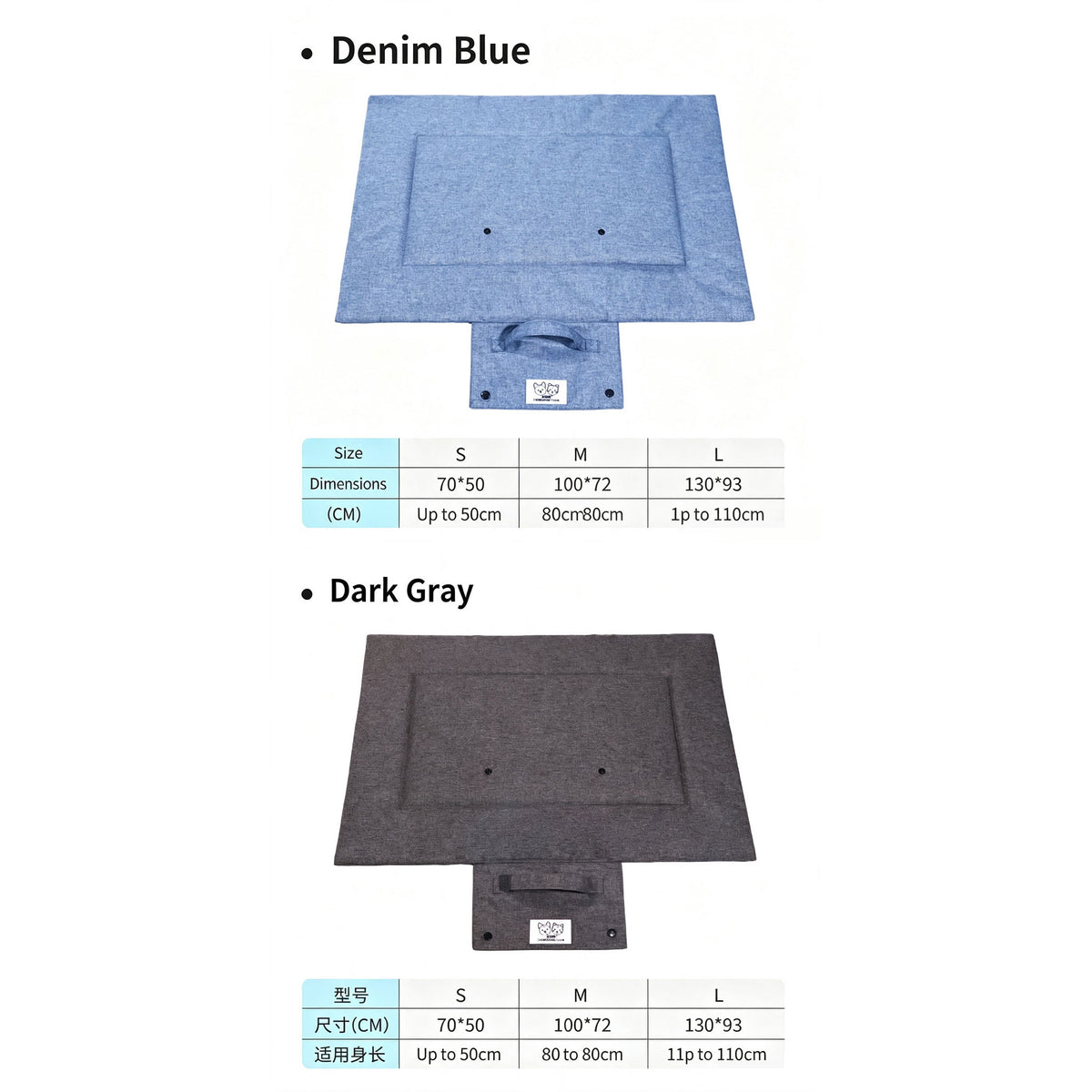 Portable Foldable Outdoor Pet Travel Mat, Reversible Scratch & Wear‑Resistant Water‑Repellent Sleeping Pad for Dogs & Cats, With Carry Handle, Denim Blue & Dark Grey, S/M/L Sizes