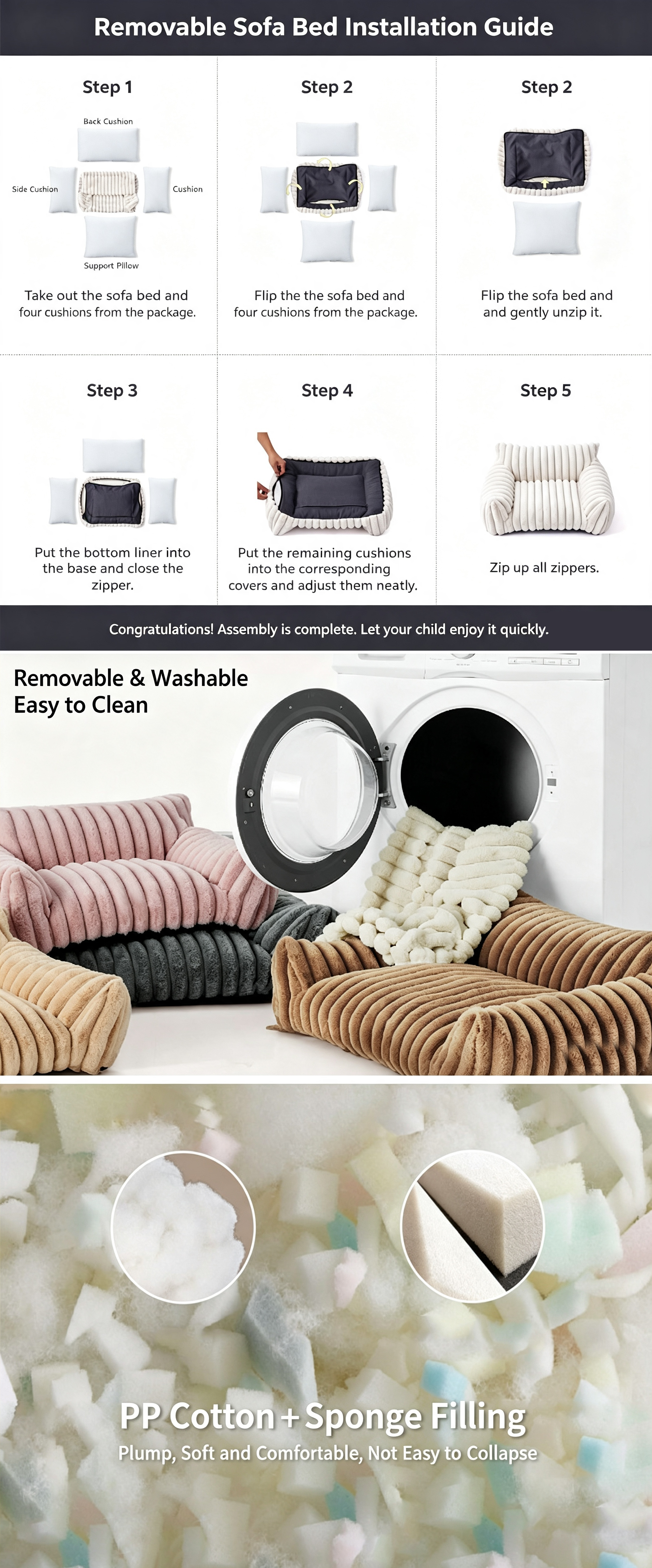 Luxury Removable Washable Mini Pet Sofa Couch, 3 Sizes Soft PP Cotton Sponge Dog Cat Bed