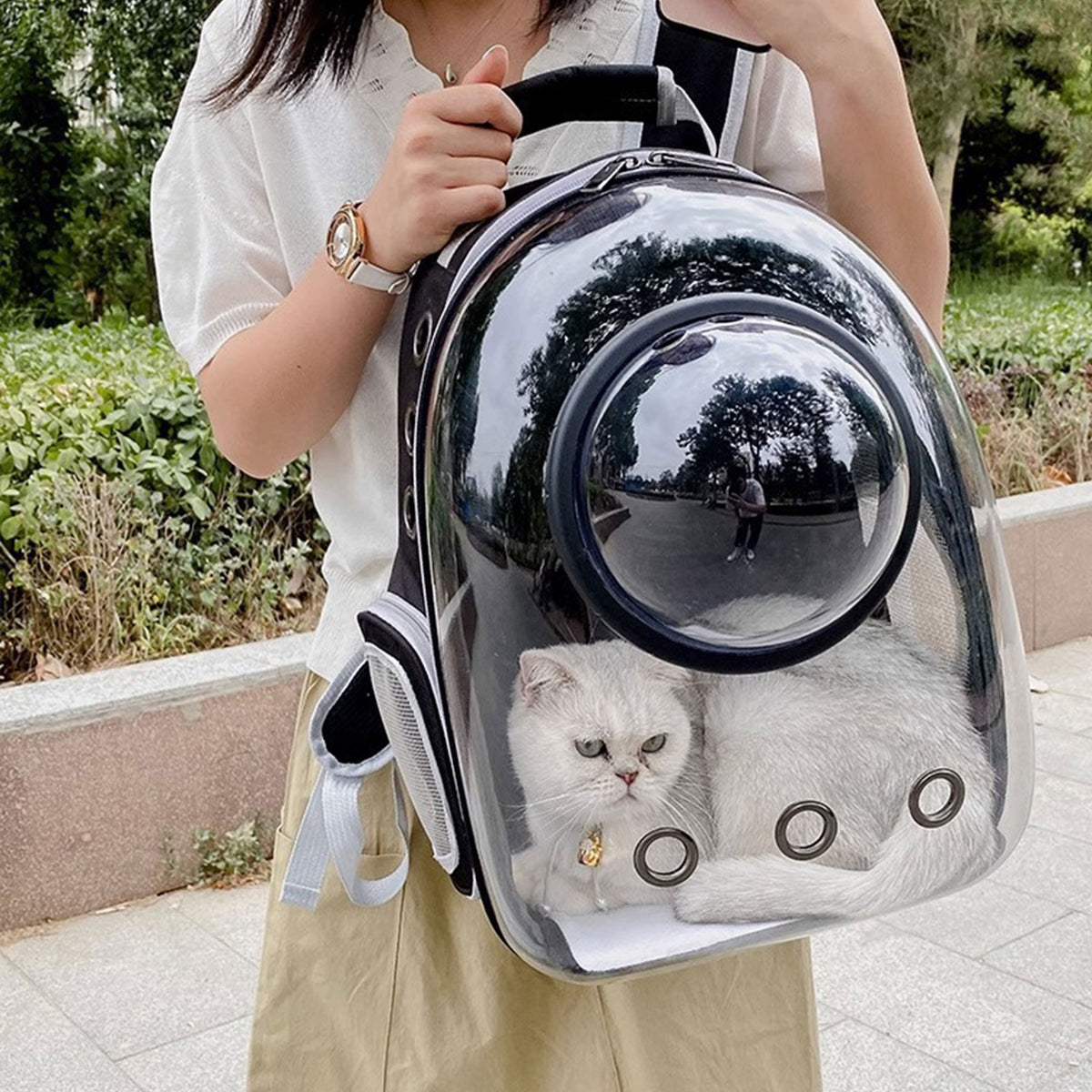 Cat Space Backpack Carrier, Semi‑Shaded Privacy Clear Pet Travel Backpack, Breathable Carrier for Small Cats & Puppies Under 6kg