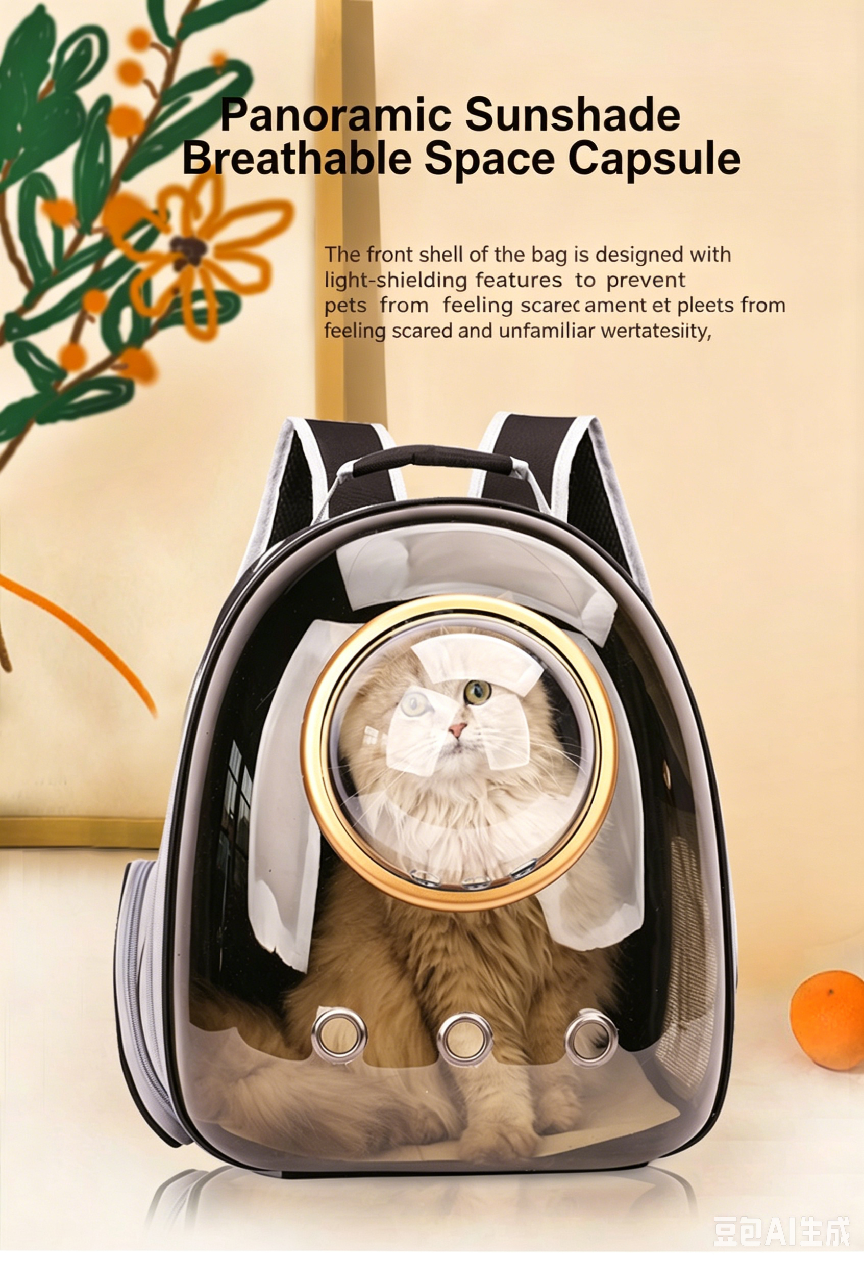 Cat Space Backpack Carrier, Semi‑Shaded Privacy Clear Pet Travel Backpack, Breathable Carrier for Small Cats & Puppies Under 6kg