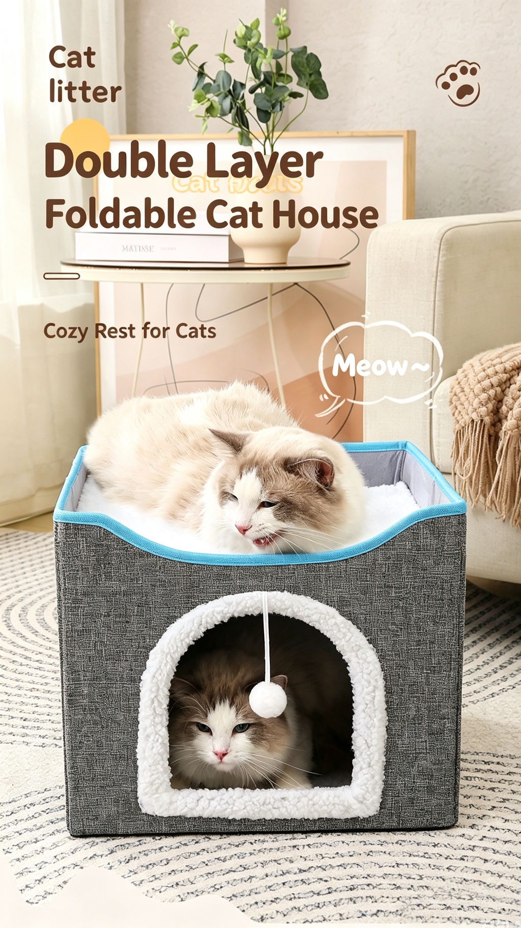 2‑Tier Foldable Cat House with Sisal Scratcher, Washable 2‑Story Cat Cube Bed, All‑Season Breathable Cat Condo