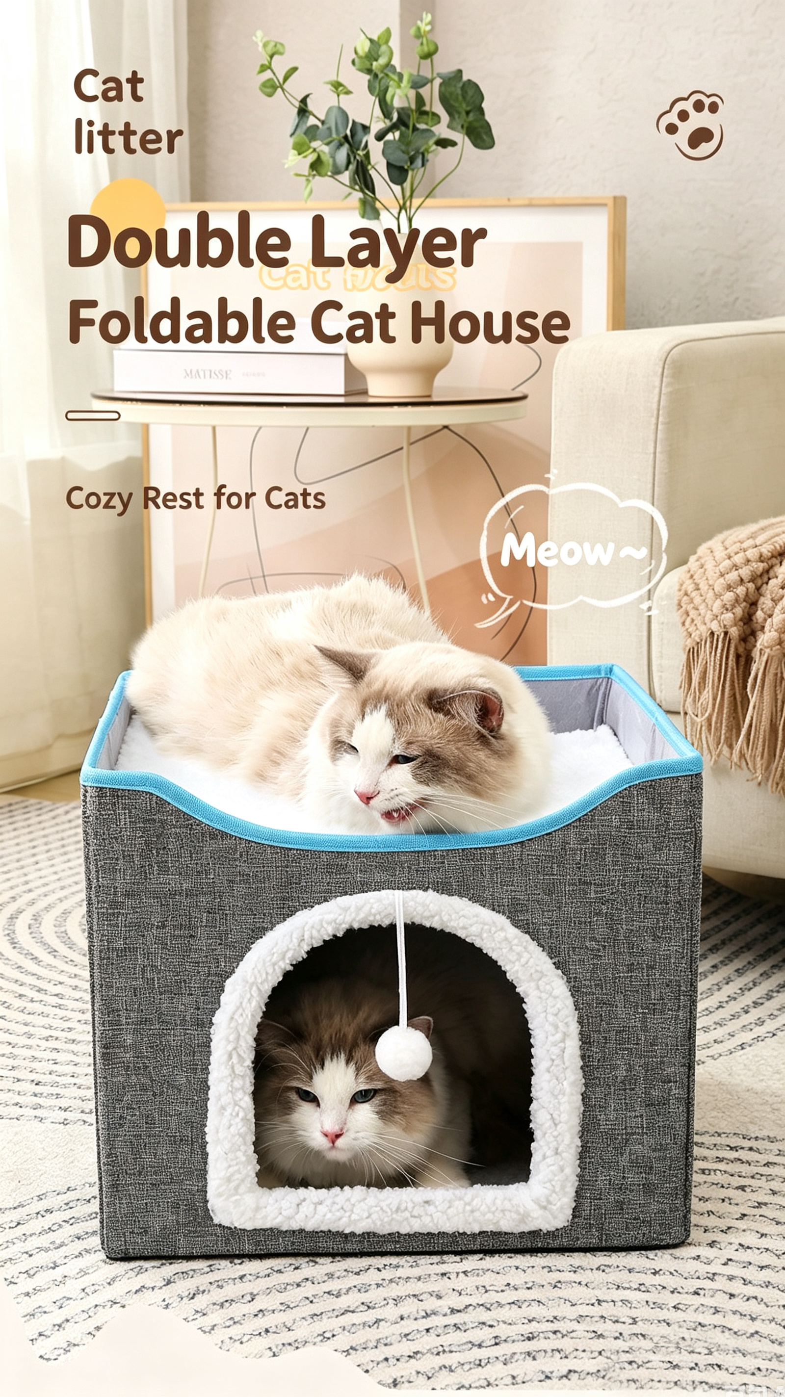 2‑Tier Foldable Cat House with Sisal Scratcher, Washable 2‑Story Cat Cube Bed, All‑Season Breathable Cat Condo