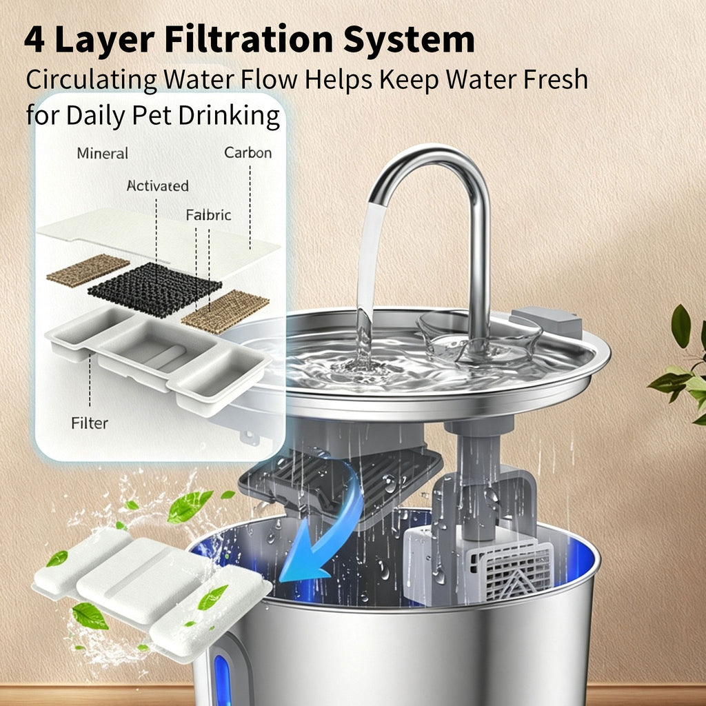 2L Pet Water Fountain, 304 Stainless Steel Automatic Water Dispenser for Cats & Dogs, Quiet Circulating Water Fountain with Bonus Filter Replacements 
