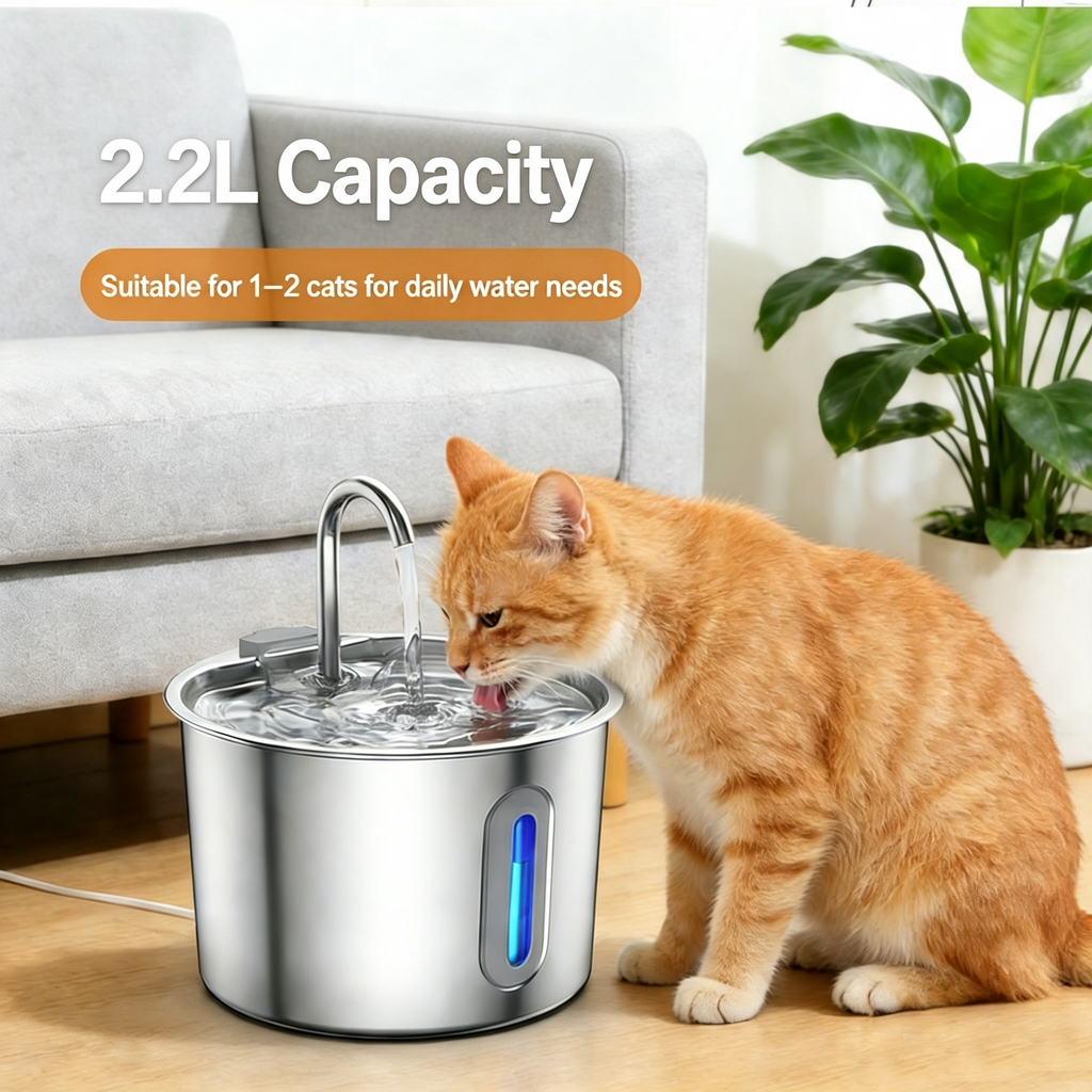 2L Pet Water Fountain, 304 Stainless Steel Automatic Water Dispenser for Cats & Dogs, Quiet Circulating Water Fountain with Bonus Filter Replacements 