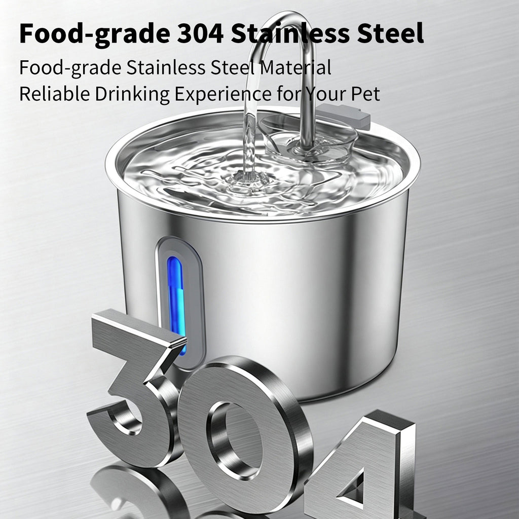2L Pet Water Fountain, 304 Stainless Steel Automatic Water Dispenser for Cats & Dogs, Quiet Circulating Water Fountain with Bonus Filter Replacements 