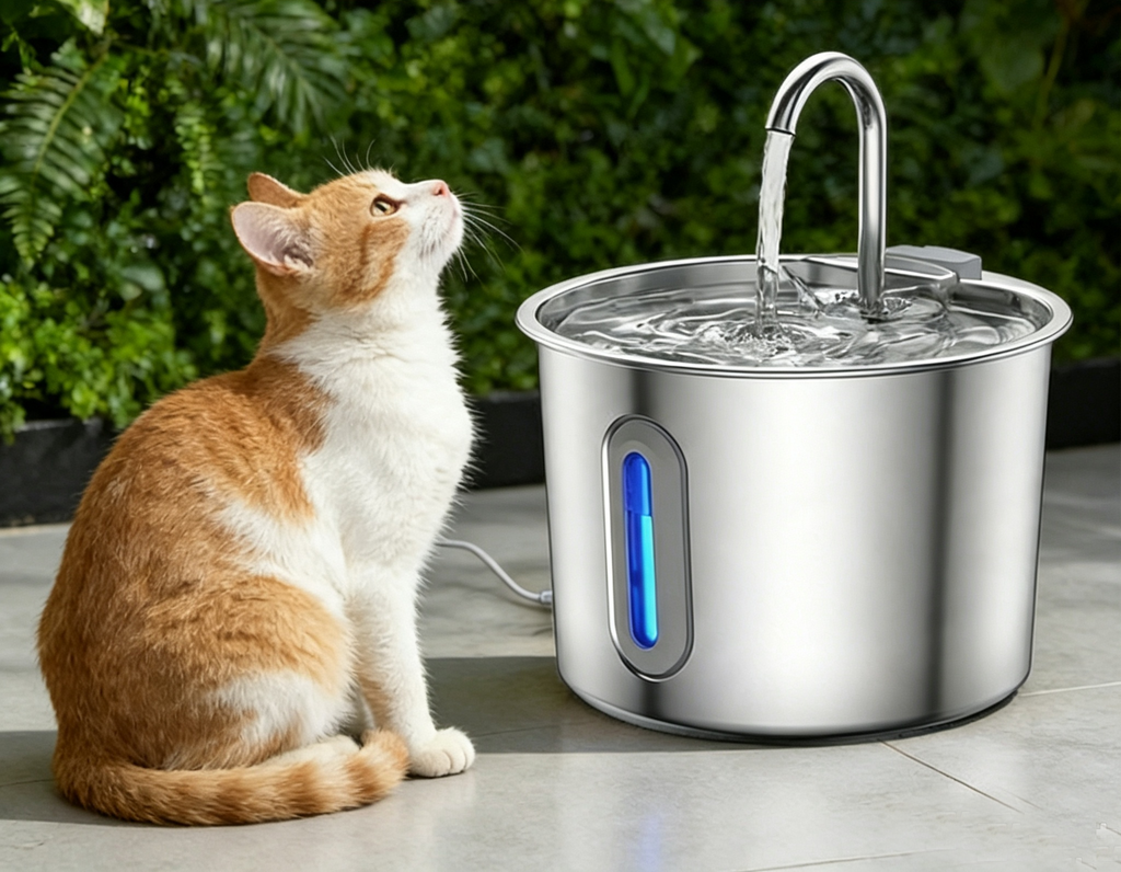 2L Pet Water Fountain, 304 Stainless Steel Automatic Water Dispenser for Cats & Dogs, Quiet Circulating Water Fountain with Bonus Filter Replacements 
