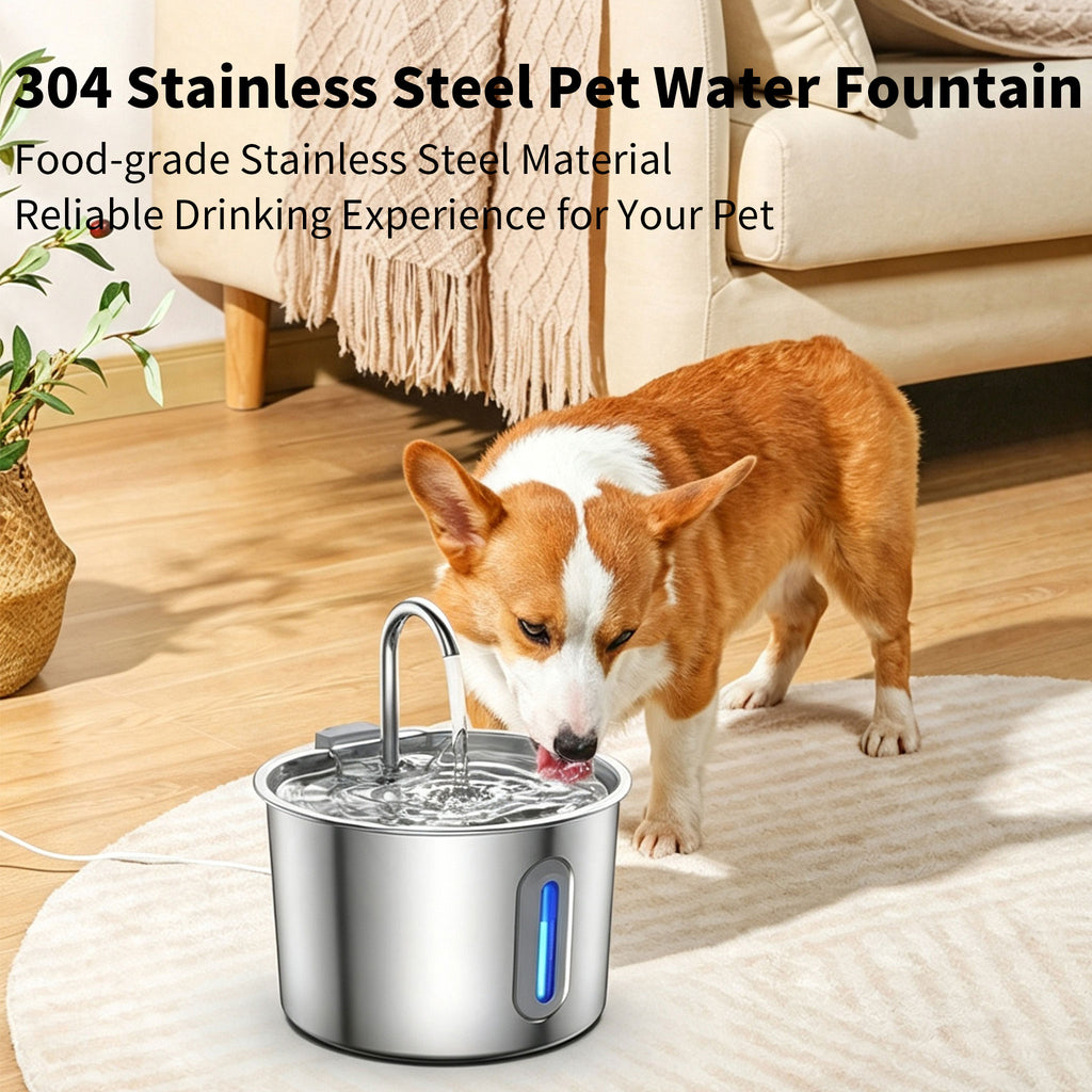 2L Pet Water Fountain, 304 Stainless Steel Automatic Water Dispenser for Cats & Dogs, Quiet Circulating Water Fountain with Bonus Filter Replacements 