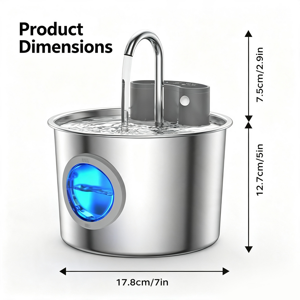 2L Pet Water Fountain, 304 Stainless Steel Automatic Water Dispenser for Cats & Dogs, Quiet Circulating Water Fountain with Bonus Filter Replacements 