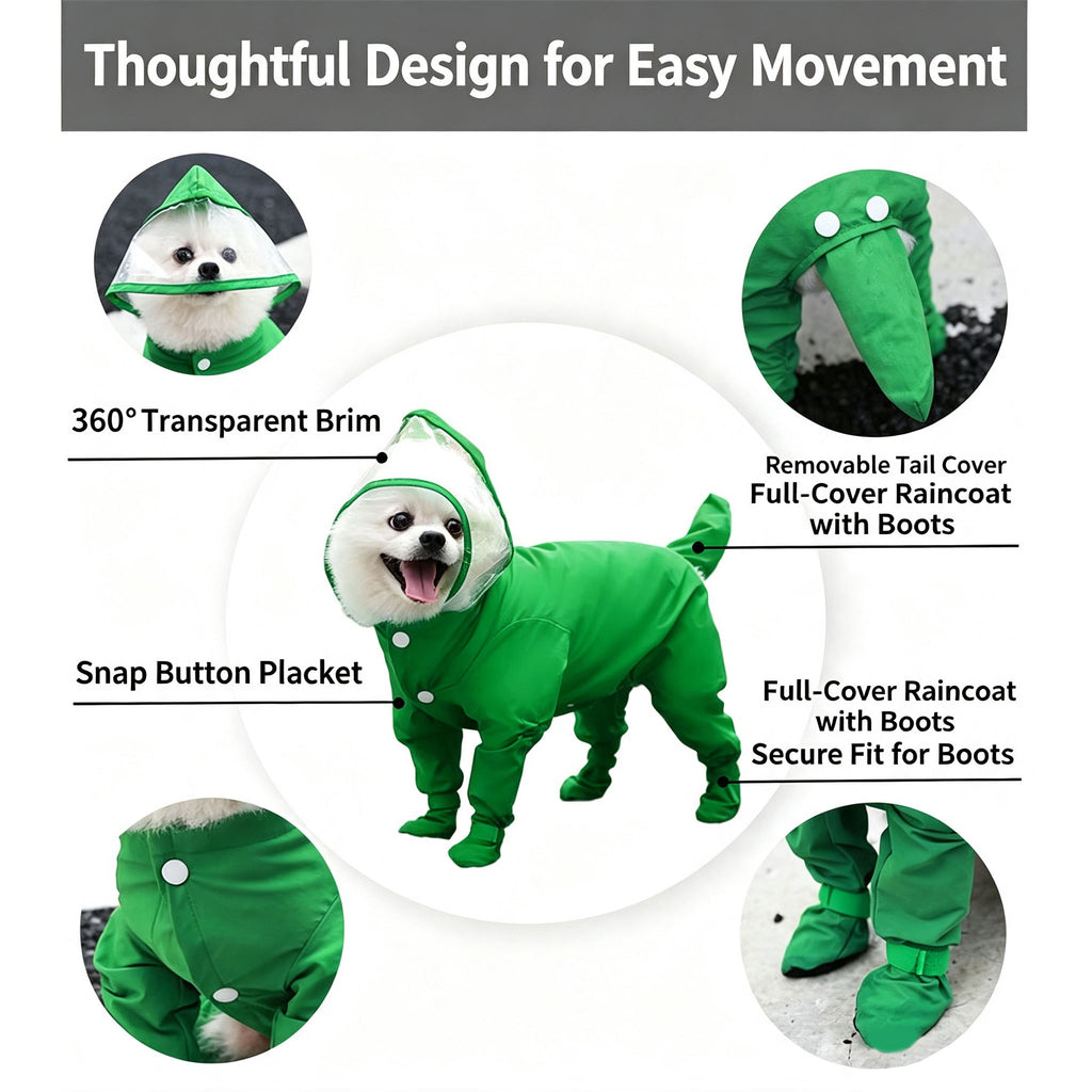 Full Coverage Dog Raincoat with Built-in Rain Boots, 360° Clear Visor, Detachable Tail Cover, Easy Snap Button Closure for Small Medium Dogs