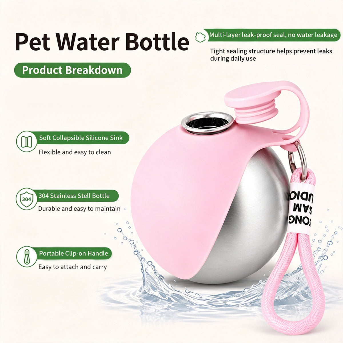 Portable Dog Water Bottle, 285ml Foldable Silicone Pet Travel Water Bowl, Stainless Steel Outdoor Water Dispenser for Walking Hiking Camping