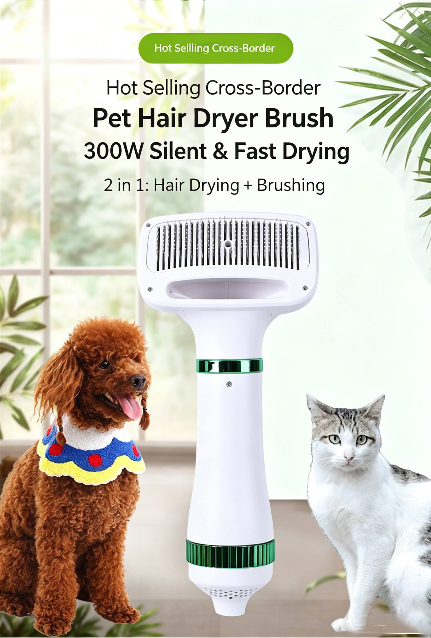 2‑in‑1 Pet Hair Dryer Brush, 300W Low‑Noise Hot Air Grooming Comb, 3 Speed Adjustable, Detangling & Drying Brush for Dogs & Cats, 110‑230V Multi‑Plug