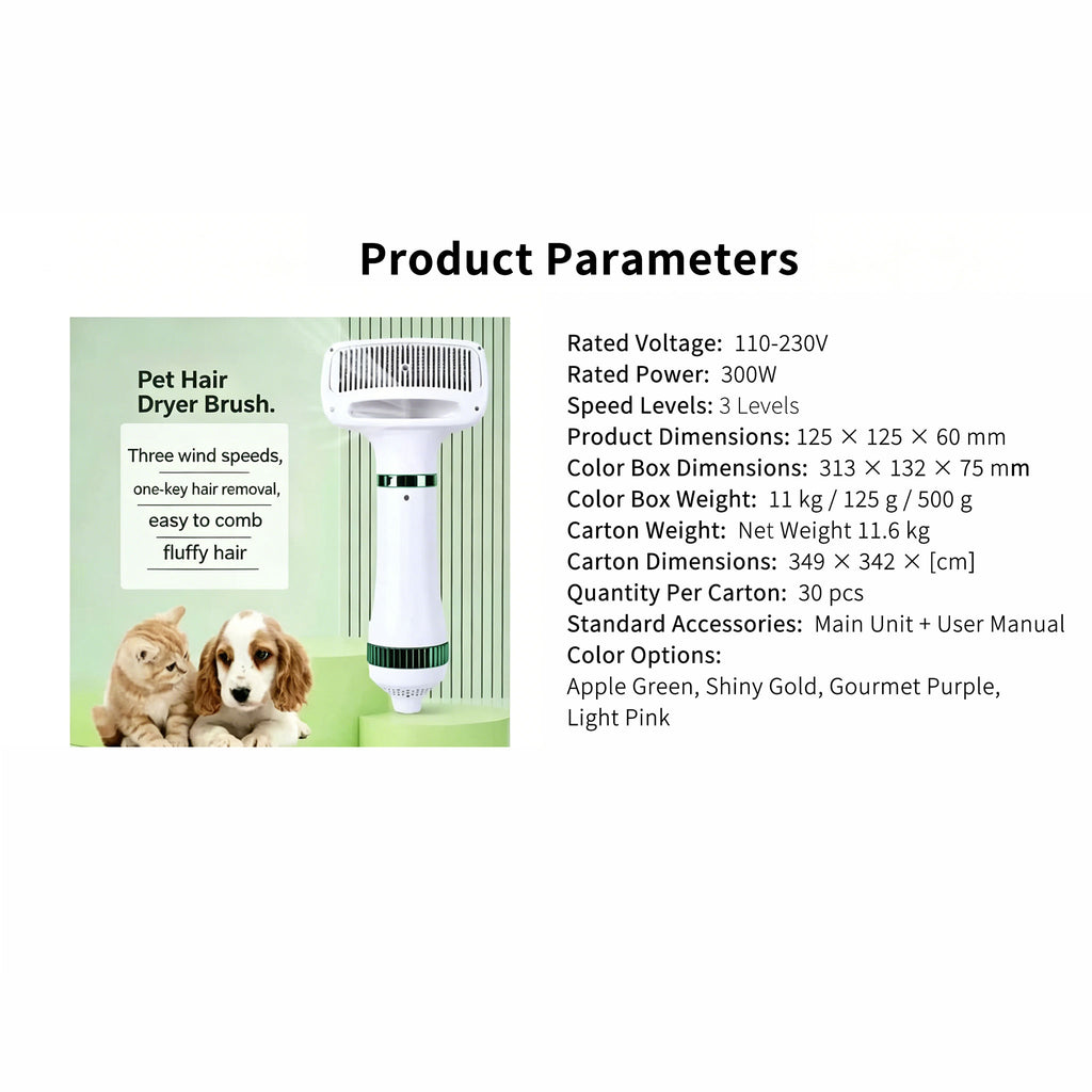 2‑in‑1 Pet Hair Dryer Brush, 300W Low‑Noise Hot Air Grooming Comb, 3 Speed Adjustable, Detangling & Drying Brush for Dogs & Cats, 110‑230V Multi‑Plug