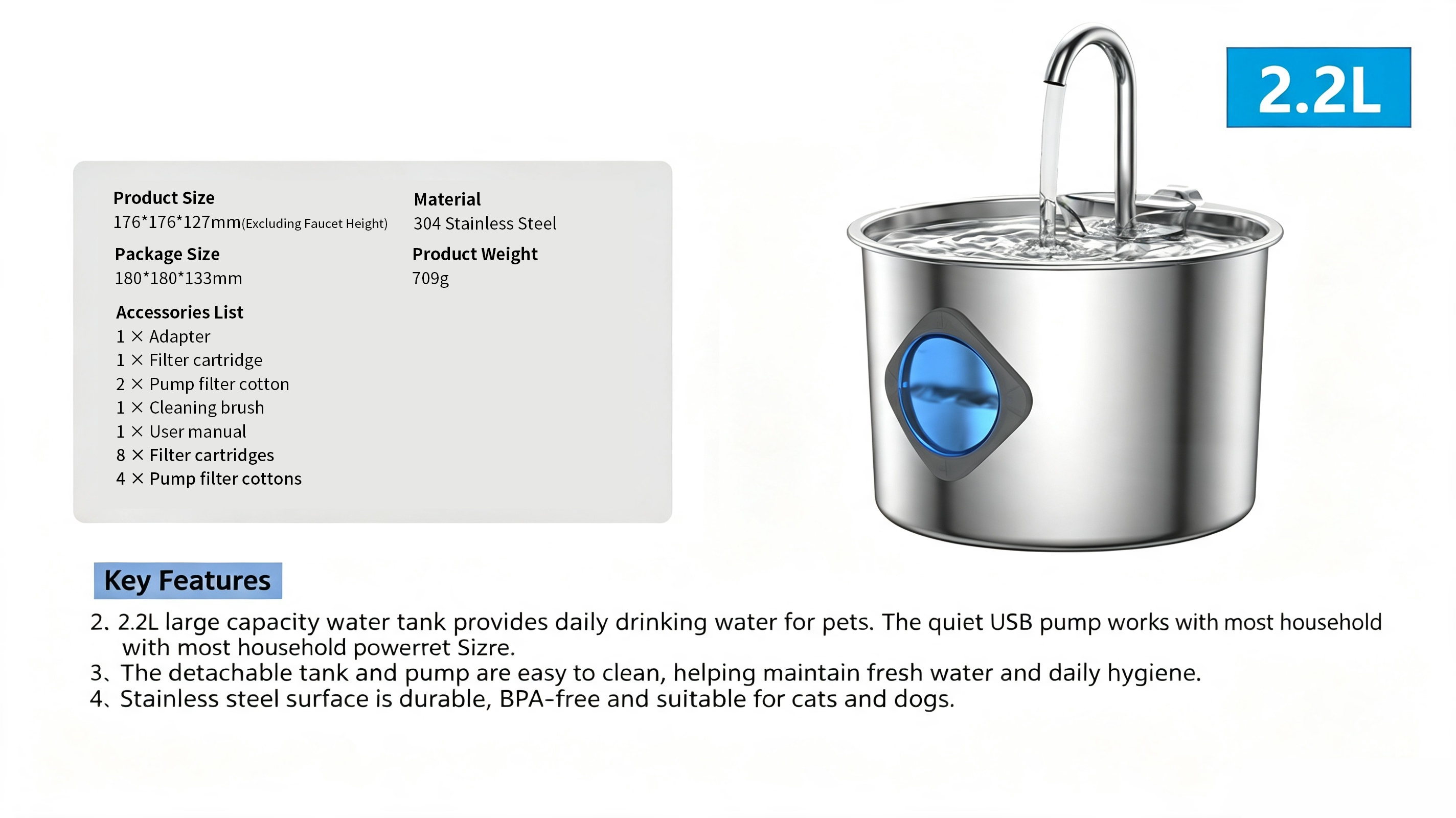 2L Pet Water Fountain, 304 Stainless Steel Automatic Water Dispenser for Cats & Dogs, Quiet Circulating Water Fountain with Bonus Filter Replacements 