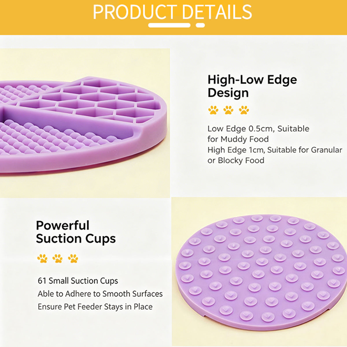 Silicone Slow Feeder Mat for Dogs & Cats, 61 Suction Cups Anti‑Slip Puzzle Feeding Mat, Dual‑Height Ridge Design for Wet & Dry Food