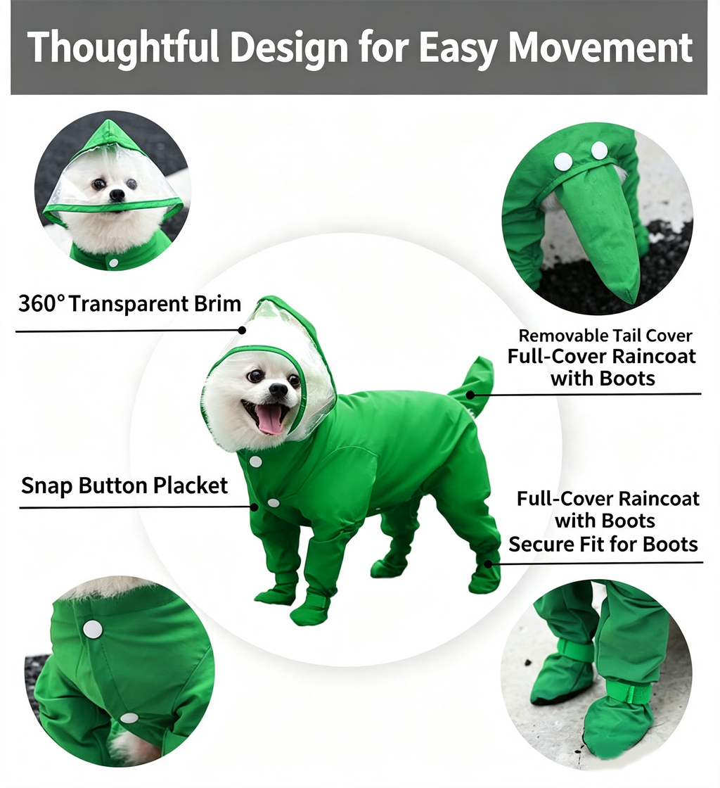 Full Coverage Dog Raincoat with Built-in Rain Boots, 360° Clear Visor, Detachable Tail Cover, Easy Snap Button Closure for Small Medium Dogs