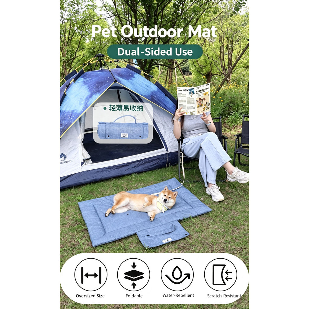 Portable Foldable Outdoor Pet Travel Mat, Reversible Scratch & Wear‑Resistant Water‑Repellent Sleeping Pad for Dogs & Cats, With Carry Handle, Denim Blue & Dark Grey, S/M/L Sizes