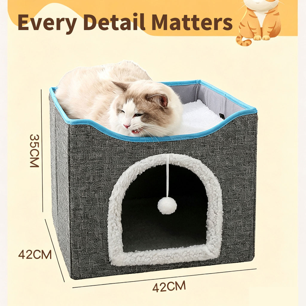 2‑Tier Foldable Cat House with Sisal Scratcher, Washable 2‑Story Cat Cube Bed, All‑Season Breathable Cat Condo