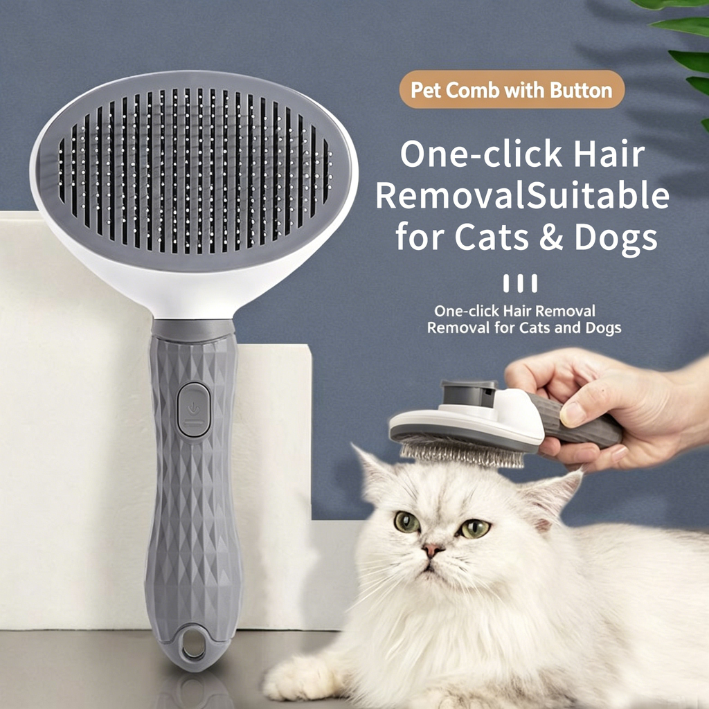 Self‑Cleaning Slicker Brush for Dogs & Cats, One‑Button Release Loose Hair, Gentle Fine Round Pins Pet Grooming Comb