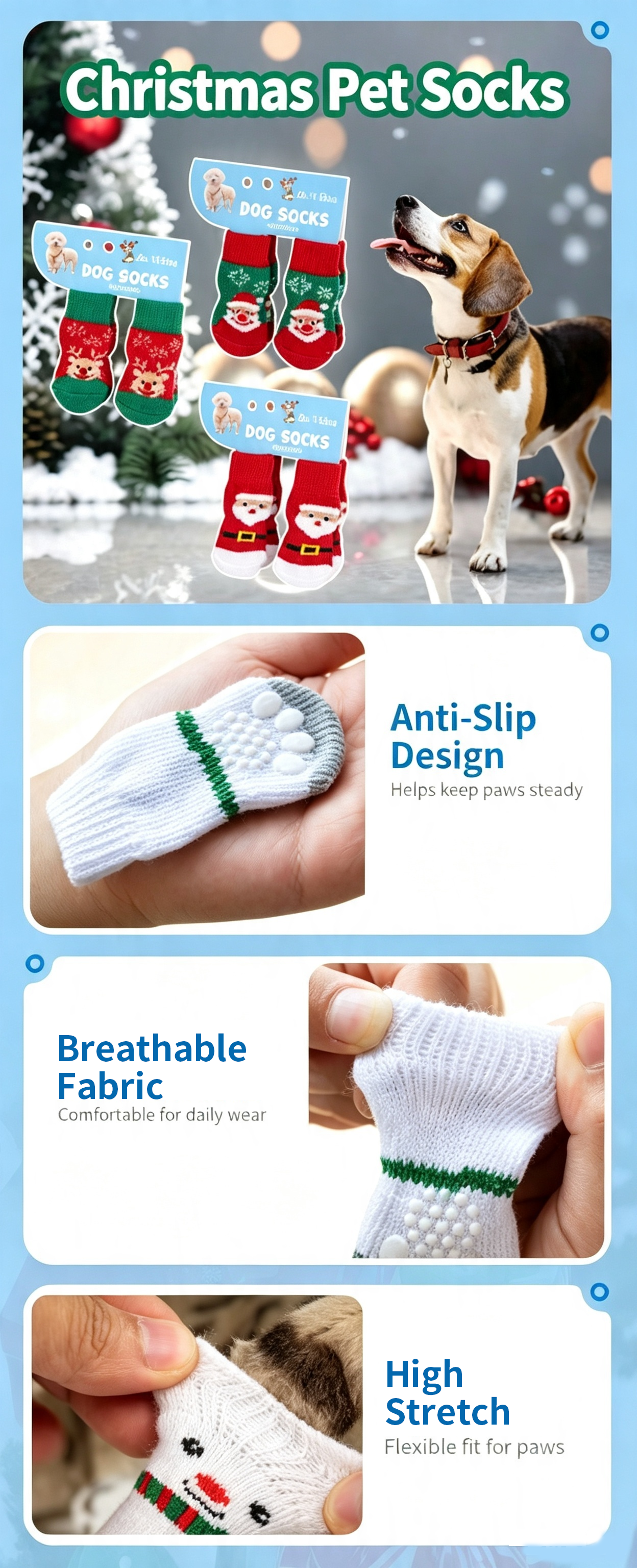 Christmas Anti-Slip Dog Socks, 3 Sets (12 Pcs Total), 15 Holiday Patterns For Puppy Medium Large Dogs