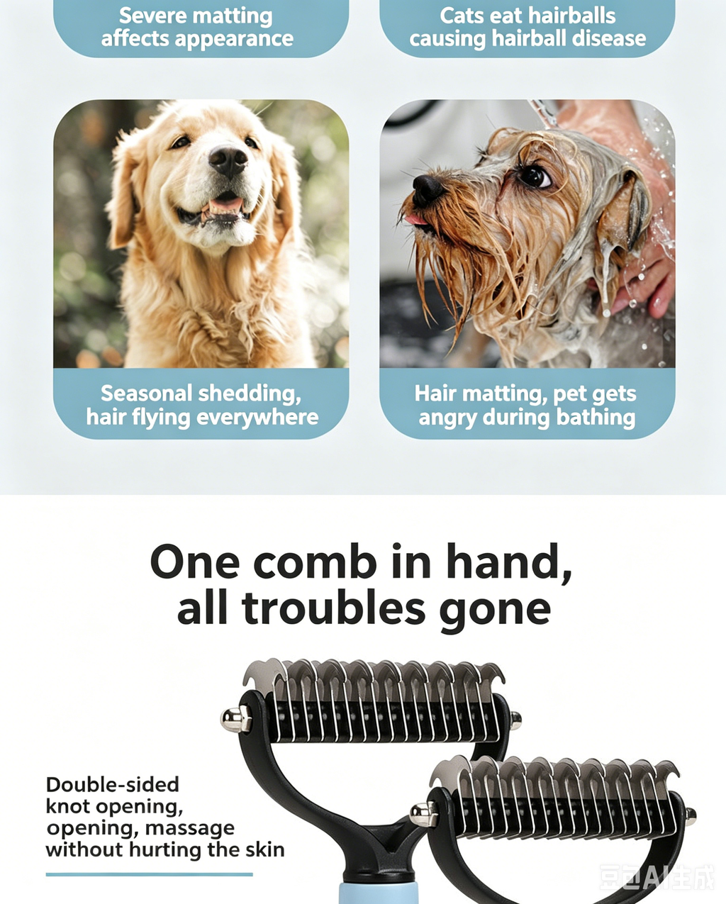 Double‑Sided Pet Dematting Comb for Dogs & Cats, Detangler Tool for Matted Tangled Fur, Summer Grooming & Thinning Brush