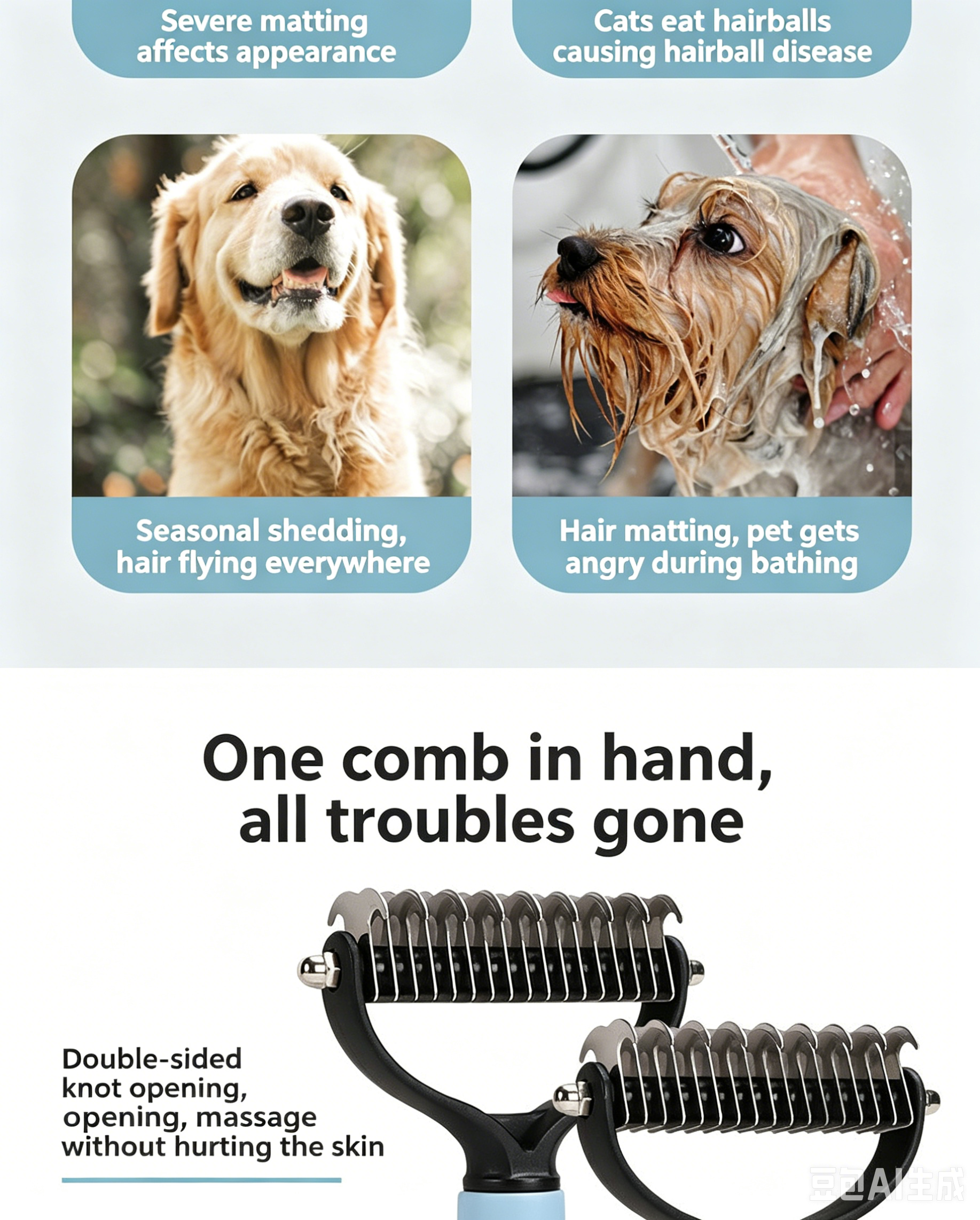 Double‑Sided Pet Dematting Comb for Dogs & Cats, Detangler Tool for Matted Tangled Fur, Summer Grooming & Thinning Brush