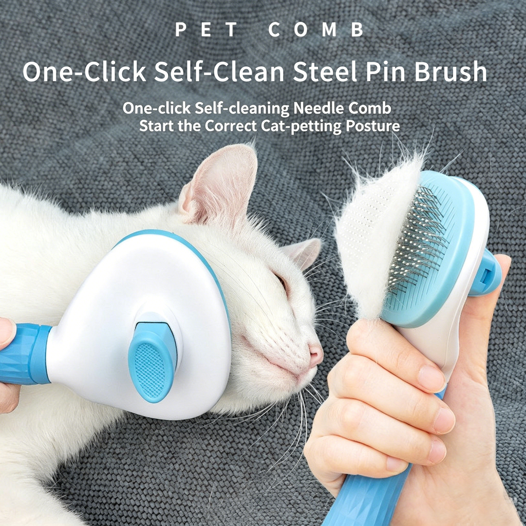 Self‑Cleaning Slicker Brush for Dogs & Cats, One‑Button Release Loose Hair, Gentle Fine Round Pins Pet Grooming Comb