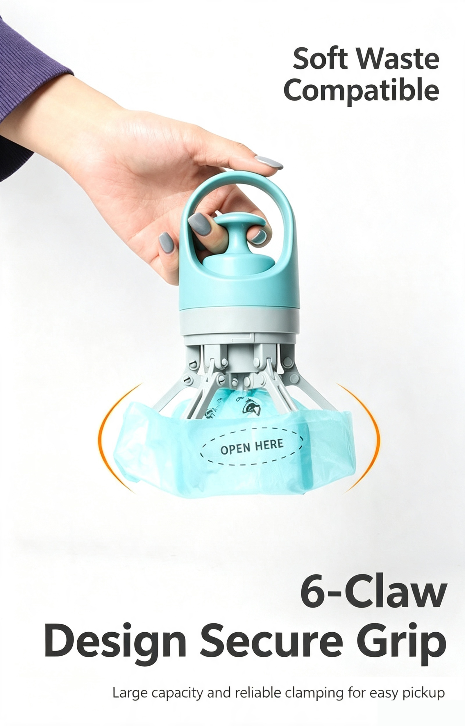 Foldable 6-Claw Pet Pooper Scooper, Cup-Shape Portable Waste Grabber with Built-in Waste Bag Dispenser, Zero-Contact Dog & Cat Poop Picker for Outdoor Walking