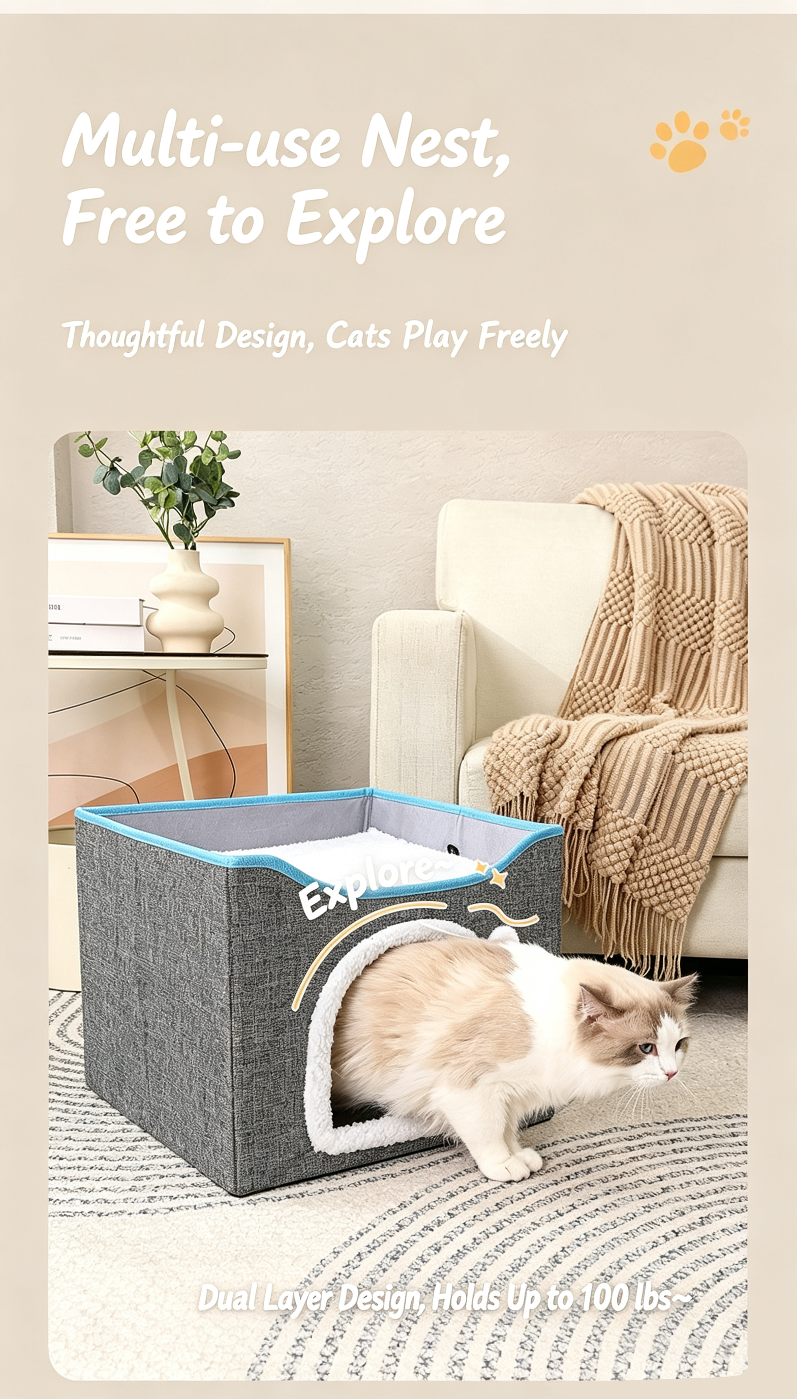 2‑Tier Foldable Cat House with Sisal Scratcher, Washable 2‑Story Cat Cube Bed, All‑Season Breathable Cat Condo
