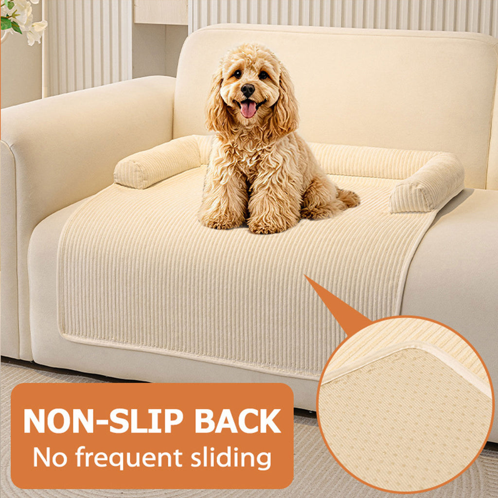 Pet Couch Bed Mat — Corduroy Dog Sofa Cover with Bolster, Non-Slip & Washable