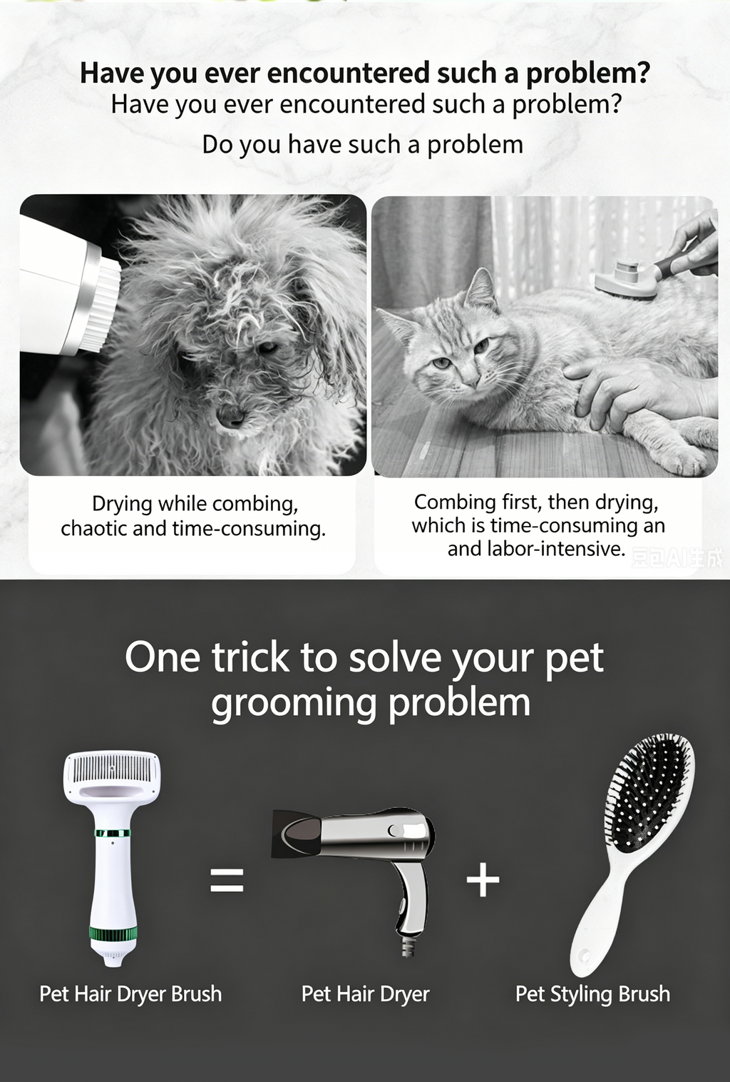 2‑in‑1 Pet Hair Dryer Brush, 300W Low‑Noise Hot Air Grooming Comb, 3 Speed Adjustable, Detangling & Drying Brush for Dogs & Cats, 110‑230V Multi‑Plug