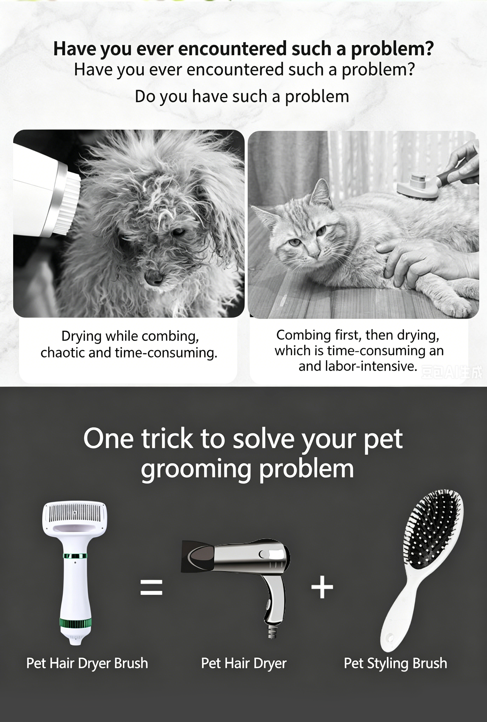 2‑in‑1 Pet Hair Dryer Brush, 300W Low‑Noise Hot Air Grooming Comb, 3 Speed Adjustable, Detangling & Drying Brush for Dogs & Cats, 110‑230V Multi‑Plug