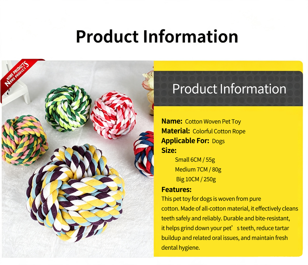 Cotton Braided Rope Dog Toy, Teeth‑Cleaning Colorful Chew Ball for Pets
