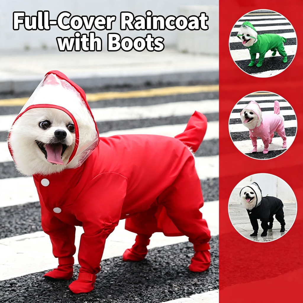 Full Coverage Dog Raincoat with Built-in Rain Boots, 360° Clear Visor, Detachable Tail Cover, Easy Snap Button Closure for Small Medium Dogs