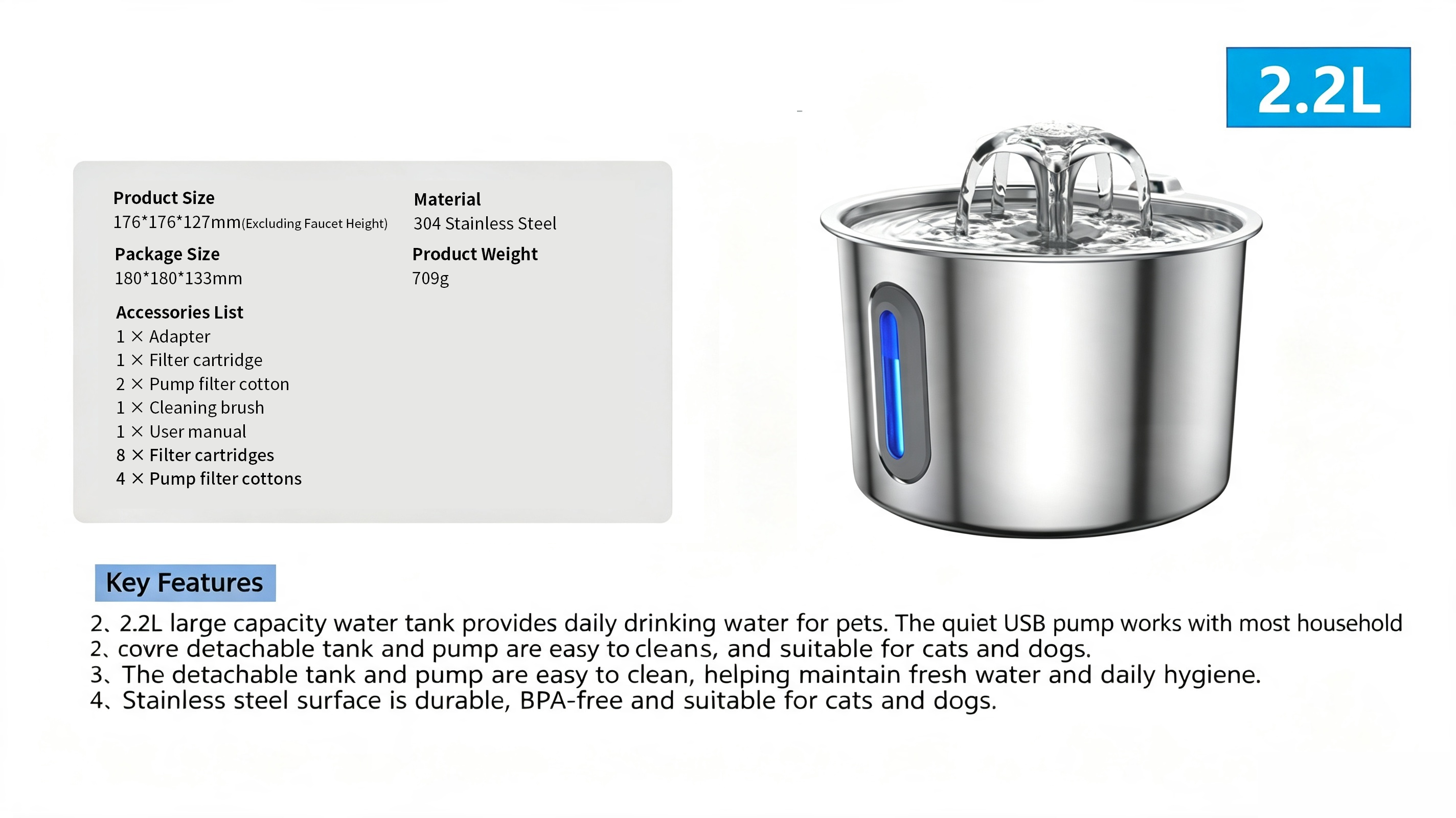 2L Pet Water Fountain, 304 Stainless Steel Automatic Water Dispenser for Cats & Dogs, Quiet Circulating Water Fountain with Bonus Filter Replacements 