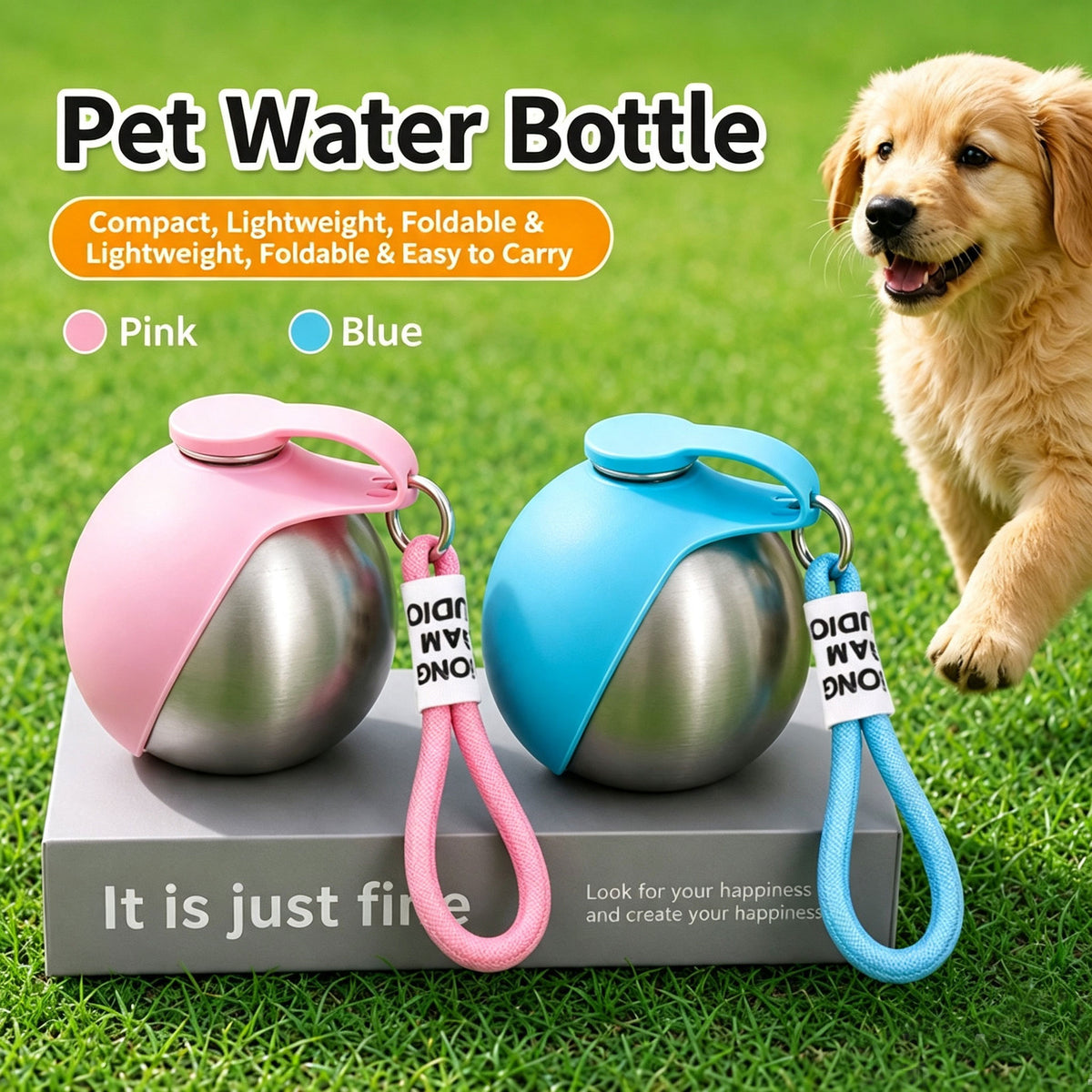 Portable Dog Water Bottle, 285ml Foldable Silicone Pet Travel Water Bowl, Stainless Steel Outdoor Water Dispenser for Walking Hiking Camping