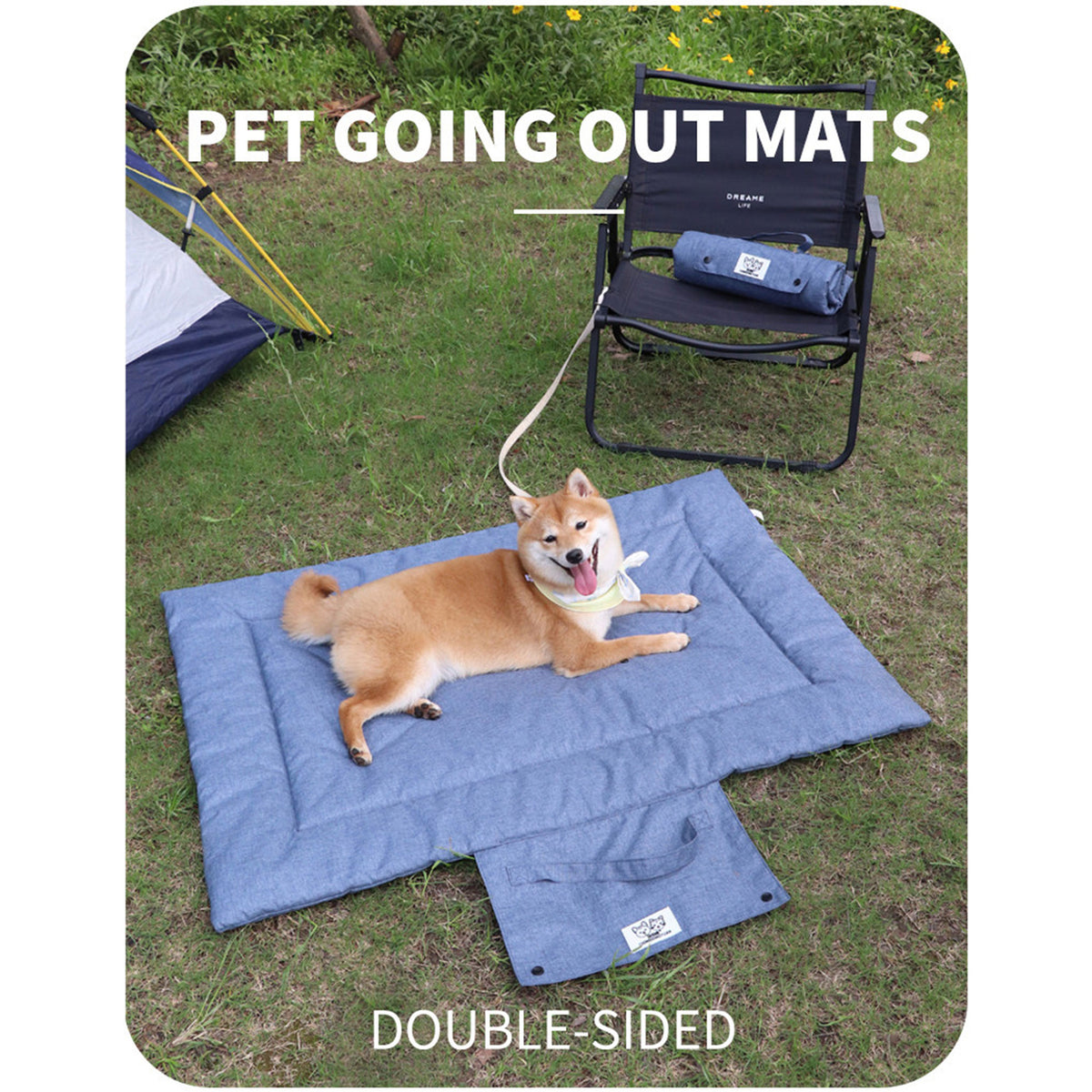 Portable Foldable Outdoor Pet Travel Mat, Reversible Scratch & Wear‑Resistant Water‑Repellent Sleeping Pad for Dogs & Cats, With Carry Handle, Denim Blue & Dark Grey, S/M/L Sizes