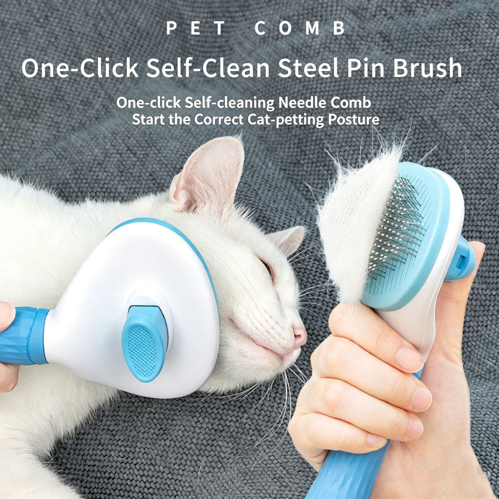 Self‑Cleaning Slicker Brush for Dogs & Cats, One‑Button Release Loose Hair, Gentle Fine Round Pins Pet Grooming Comb