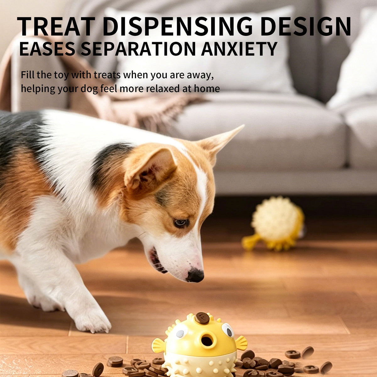 Bouncy Fish Dog Treat Dispenser Toy, Food‑Safe TPR Squeaky Chew Toy, Durable Interactive Molar Toy for Puppies Medium Large Dogs