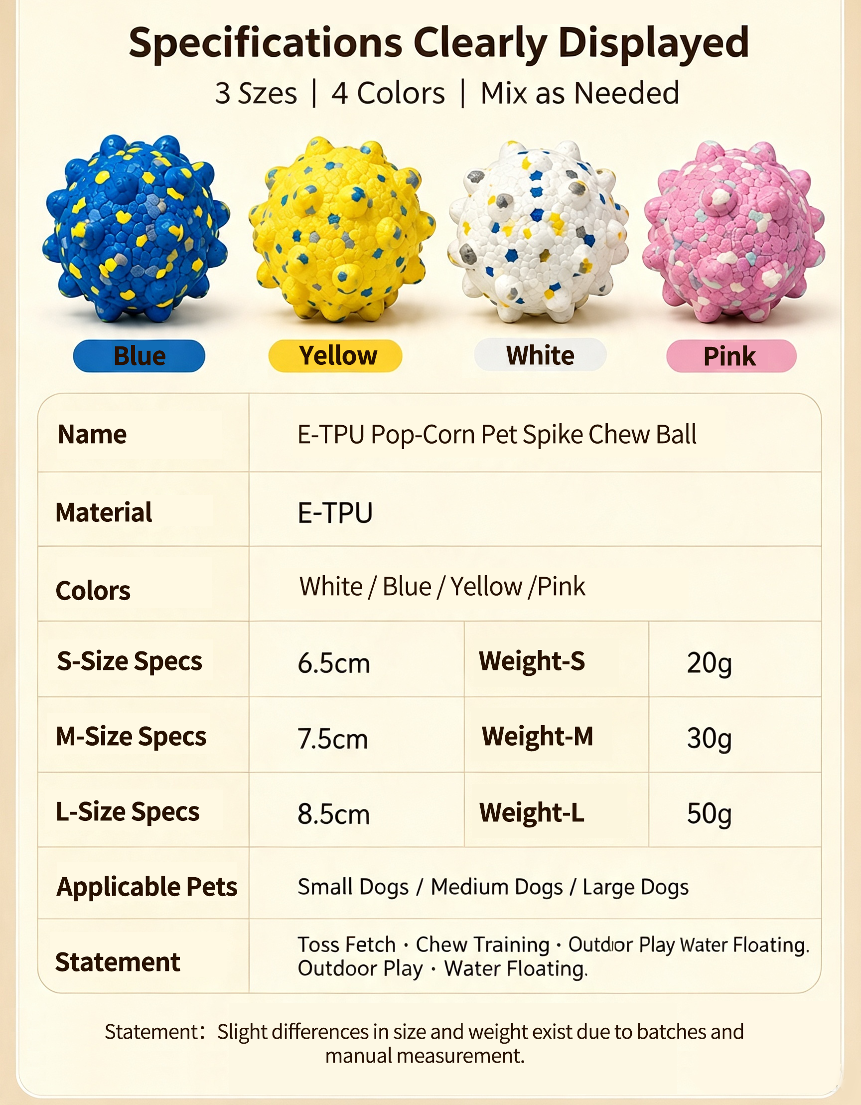 ETPU Popcorn Spiky Dog Chew Ball, Floating Teeth‑Cleaning Toy for All Breeds