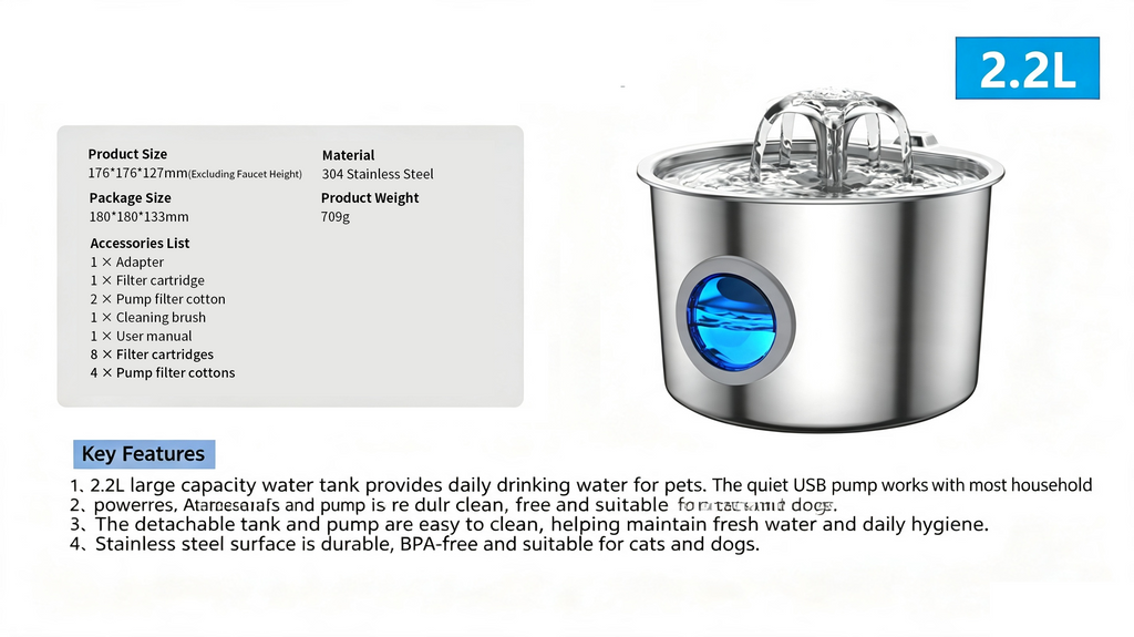 2L Pet Water Fountain, 304 Stainless Steel Automatic Water Dispenser for Cats & Dogs, Quiet Circulating Water Fountain with Bonus Filter Replacements 