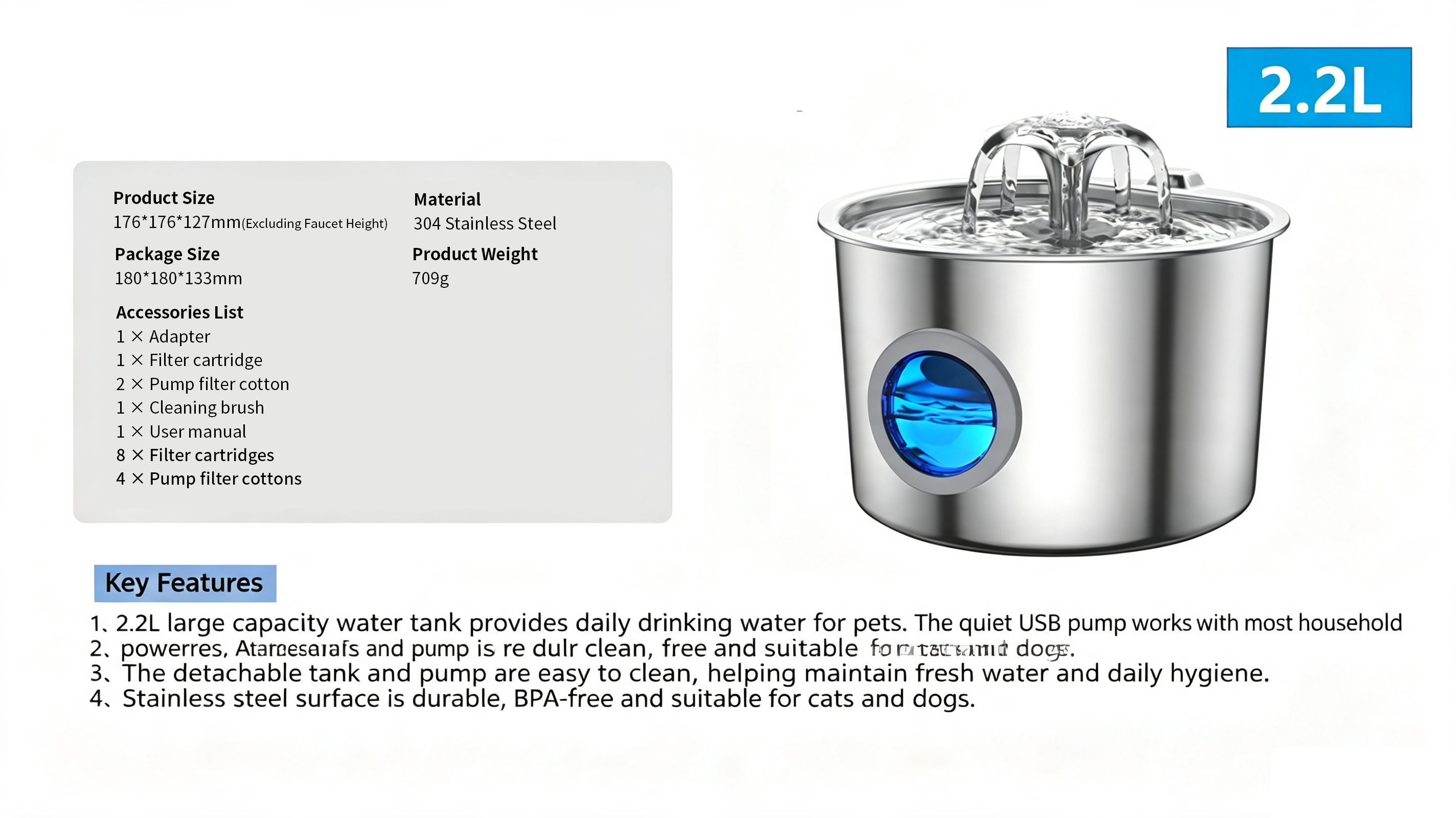 2L Pet Water Fountain, 304 Stainless Steel Automatic Water Dispenser for Cats & Dogs, Quiet Circulating Water Fountain with Bonus Filter Replacements 